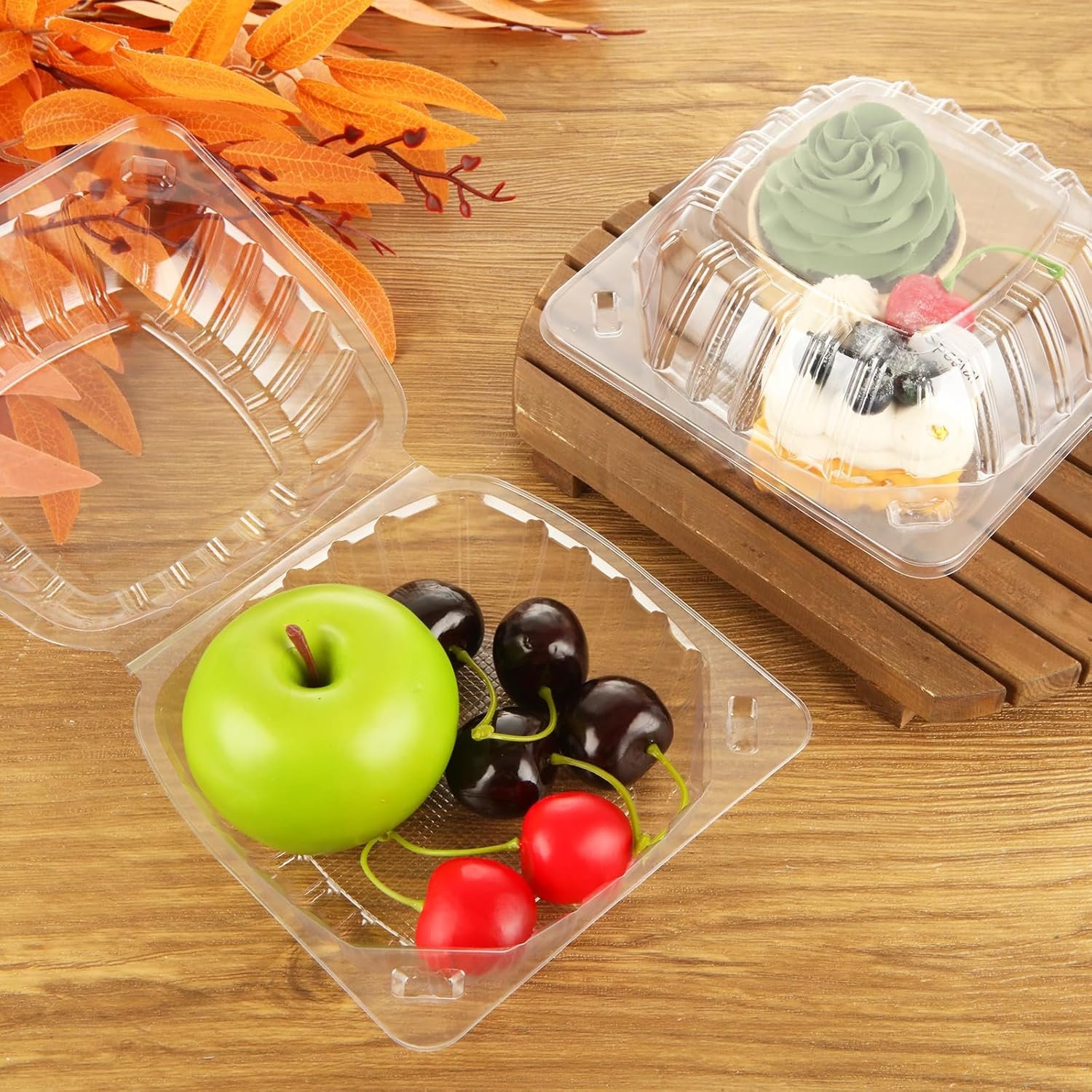 Grossiste Contenants à Emporter en Plastique Clamshell Transparents 200 Packs 6 x 6 x 3,15 pouces, Boîtes Hinge Jetables pour Desserts, Gâteaux, Salades, Hamburgers, Sandwiches avec 200 Étiquettes Fait Main, Logo Personnalisé et Fabricant.