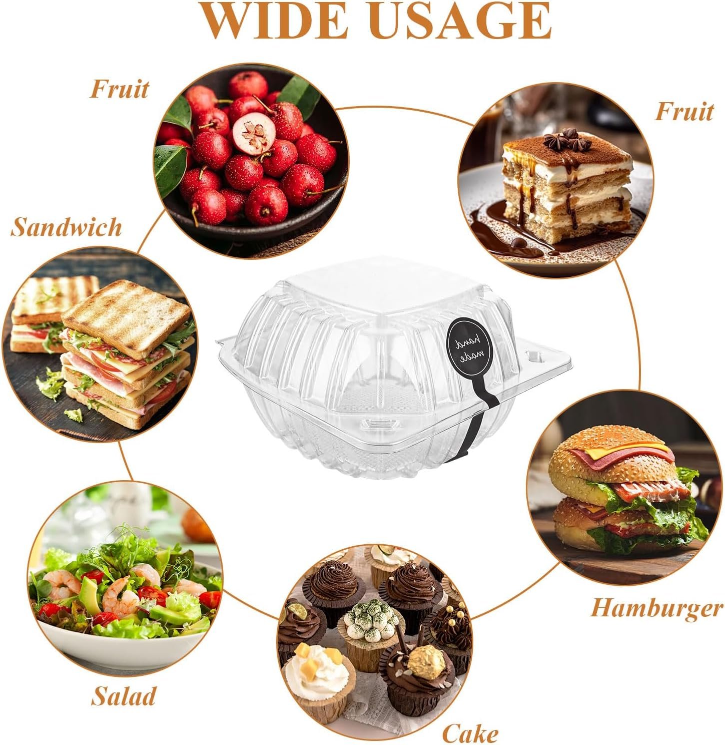 Grossiste Contenants à Emporter en Plastique Clamshell Transparents 200 Packs 6 x 6 x 3,15 pouces, Boîtes Hinge Jetables pour Desserts, Gâteaux, Salades, Hamburgers, Sandwiches avec 200 Étiquettes Fait Main, Logo Personnalisé et Fabricant.