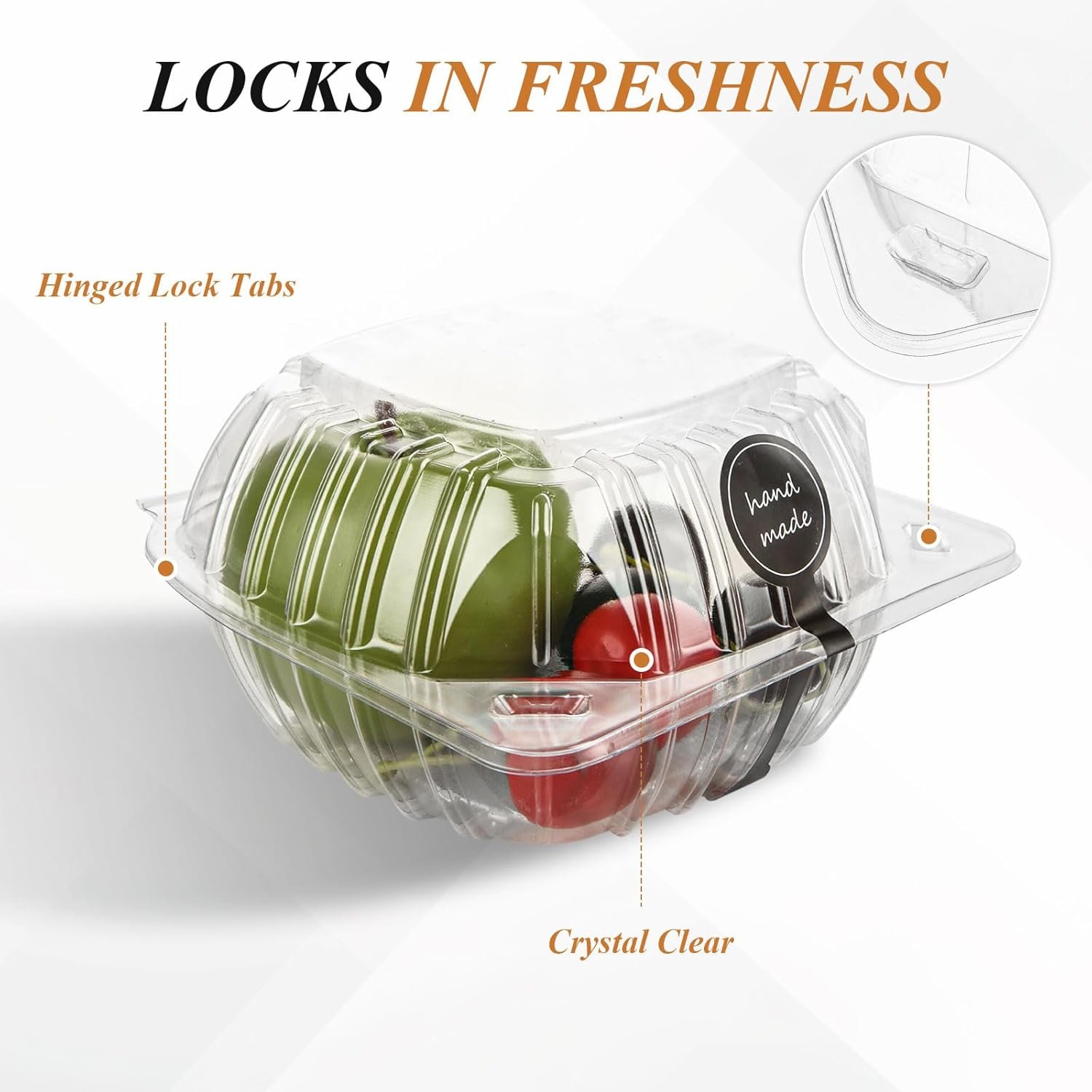 Grossiste Contenants à Emporter en Plastique Clamshell Transparents 200 Packs 6 x 6 x 3,15 pouces, Boîtes Hinge Jetables pour Desserts, Gâteaux, Salades, Hamburgers, Sandwiches avec 200 Étiquettes Fait Main, Logo Personnalisé et Fabricant.