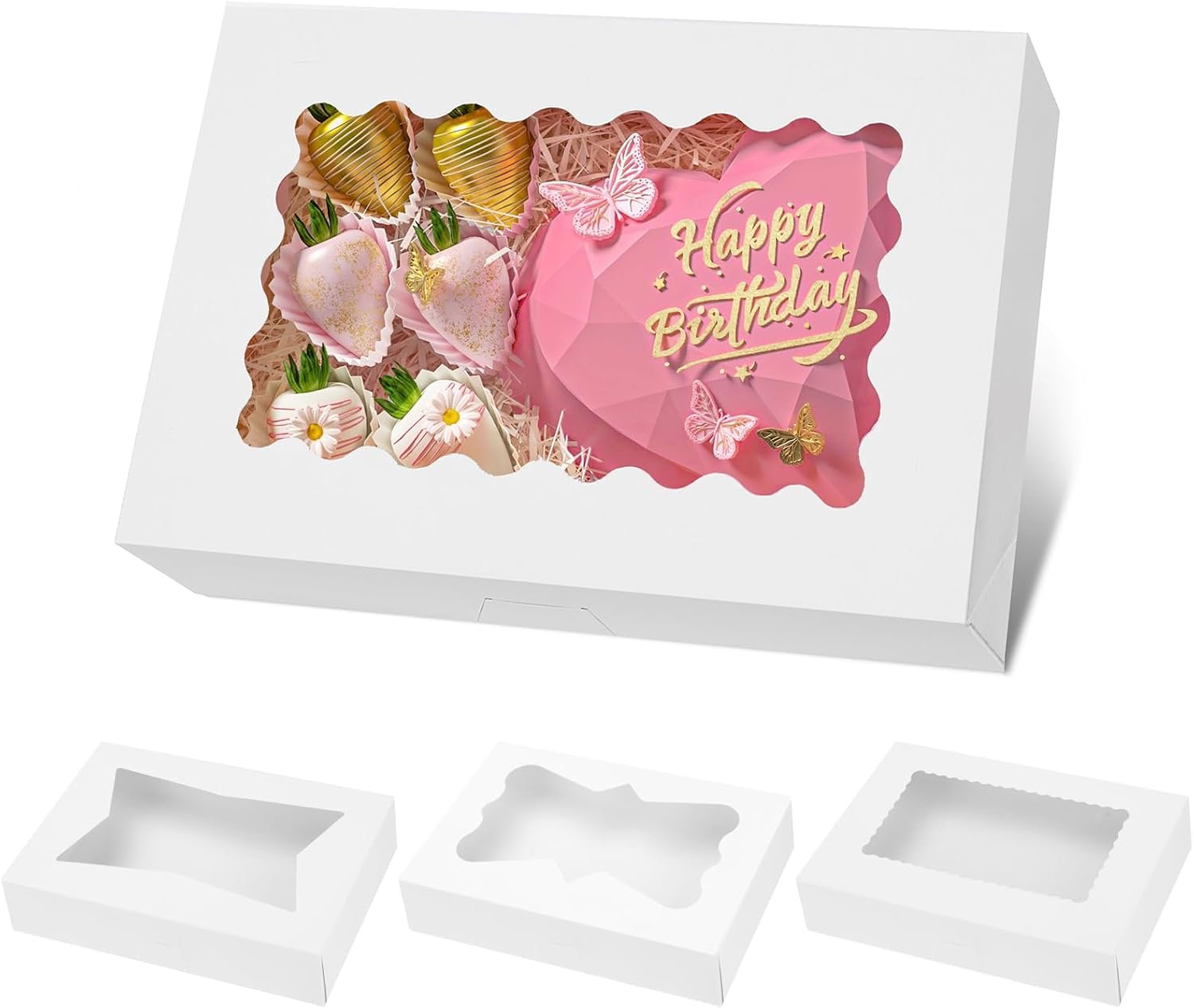 Grossiste en Vrac de Boîtes à Gâteaux 30pcs 12x8x2,5 pouces avec fenêtres auto-popup pour biscuits, fraises enrobées de chocolat, donuts, pâtisseries - Logo Personnalisé pour une Marque Blanche de Fabricant.