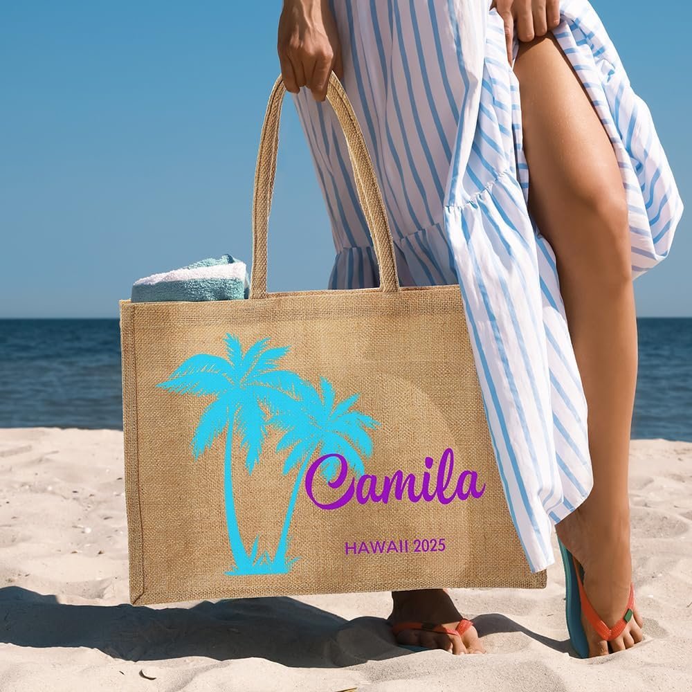 Tote Bag Personnalisé avec Nom et Texte, Sac de Plage Jute de Grande Taille, Grossiste en Vente en Gros et Fournisseur d'Accessoires de Voyage pour Femmes