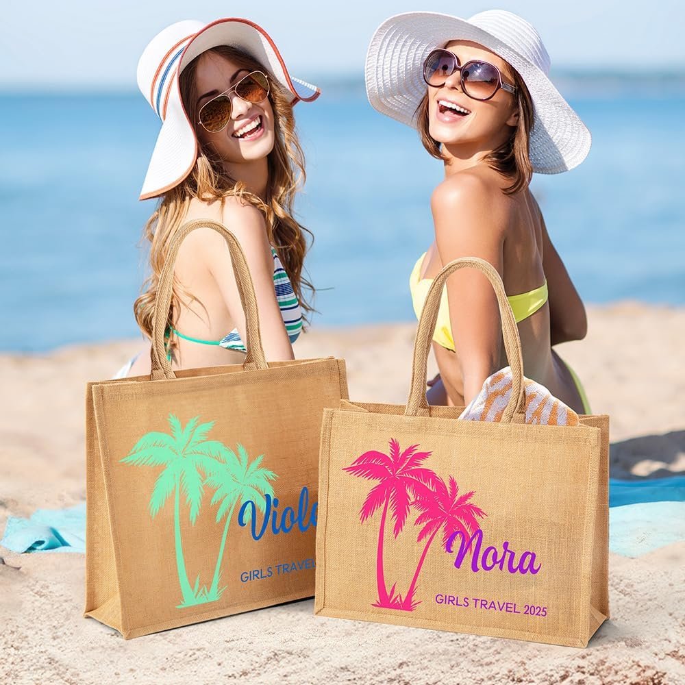 Tote Bag Personnalisé avec Nom et Texte, Sac de Plage Jute de Grande Taille, Grossiste en Vente en Gros et Fournisseur d'Accessoires de Voyage pour Femmes
