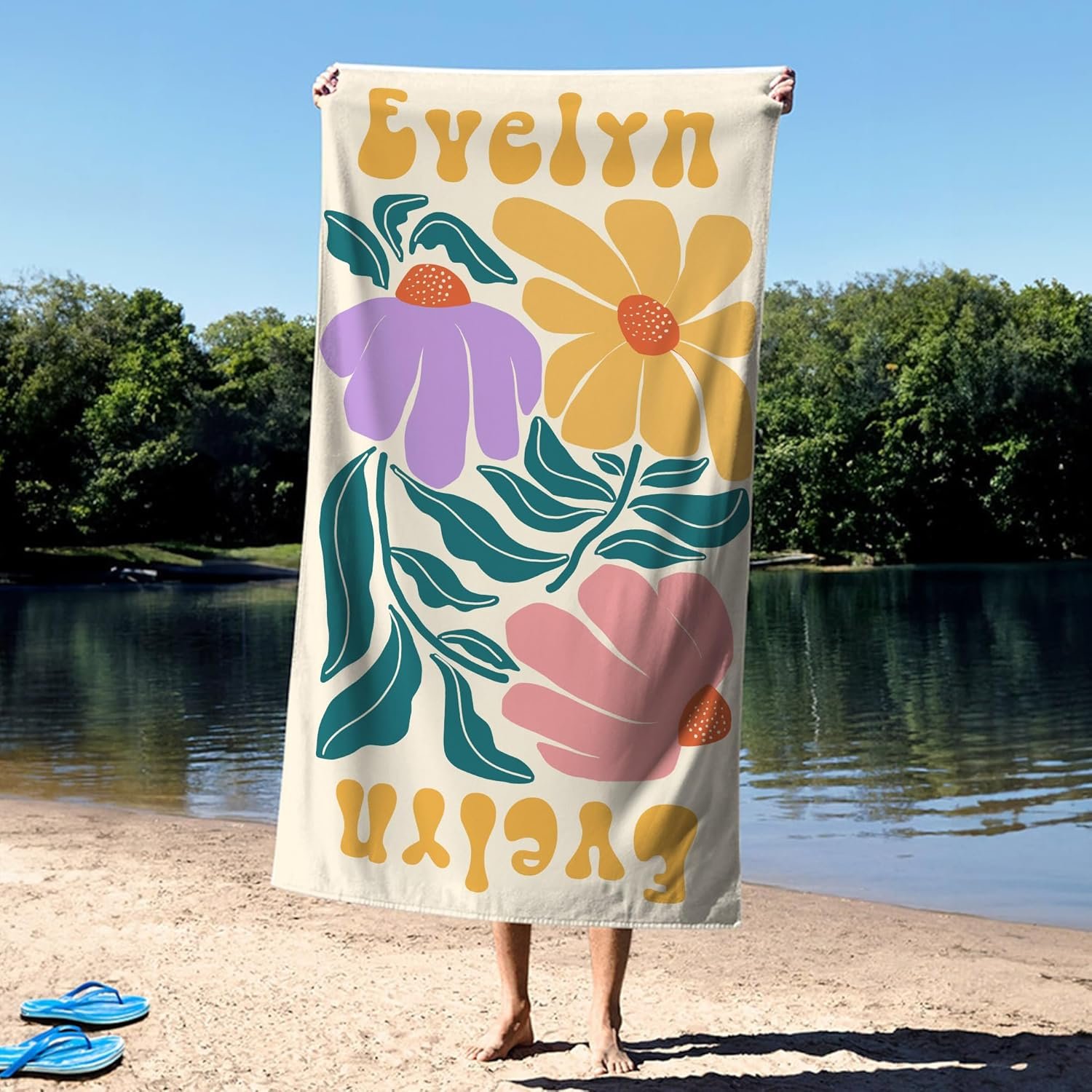 Serviette de Plage Personnalisée avec Nom, Fabricant de Serviettes de Plage Oversized Multicolores, Vente en Gros d'Accessoires de Plage Idéals pour les Fêtes et Vacances d'Été pour Femmes et Amies
