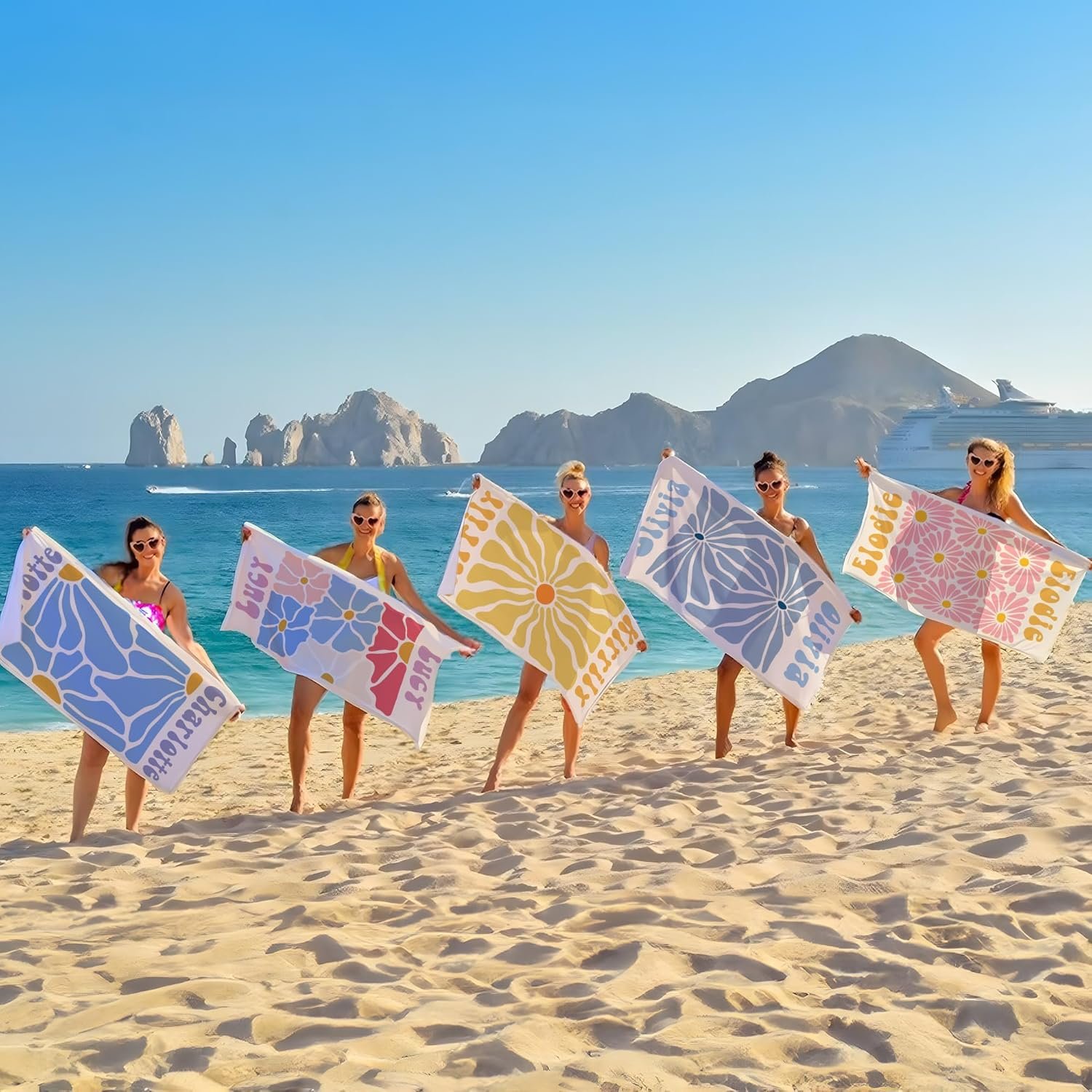 Serviette de Plage Personnalisée avec Nom, Fabricant de Serviettes de Plage Oversized Multicolores, Vente en Gros d'Accessoires de Plage Idéals pour les Fêtes et Vacances d'Été pour Femmes et Amies