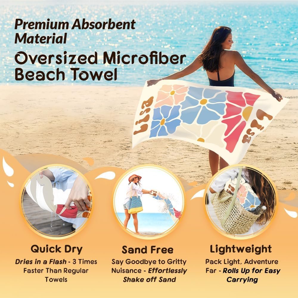 Serviette de Plage Personnalisée avec Nom, Fabricant de Serviettes de Plage Oversized Multicolores, Vente en Gros d'Accessoires de Plage Idéals pour les Fêtes et Vacances d'Été pour Femmes et Amies
