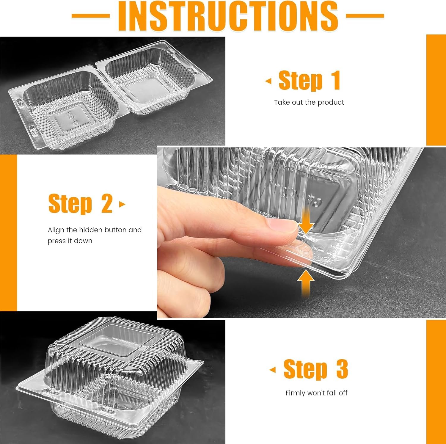 Grossiste de contenant alimentaire en plastique transparent de 50 pièces, boîtes à gâteau carrées avec couvercles articulés, OEM, solutions jetables à emporter pour pâtisserie, salade, dessert, sandwiches, fruits.