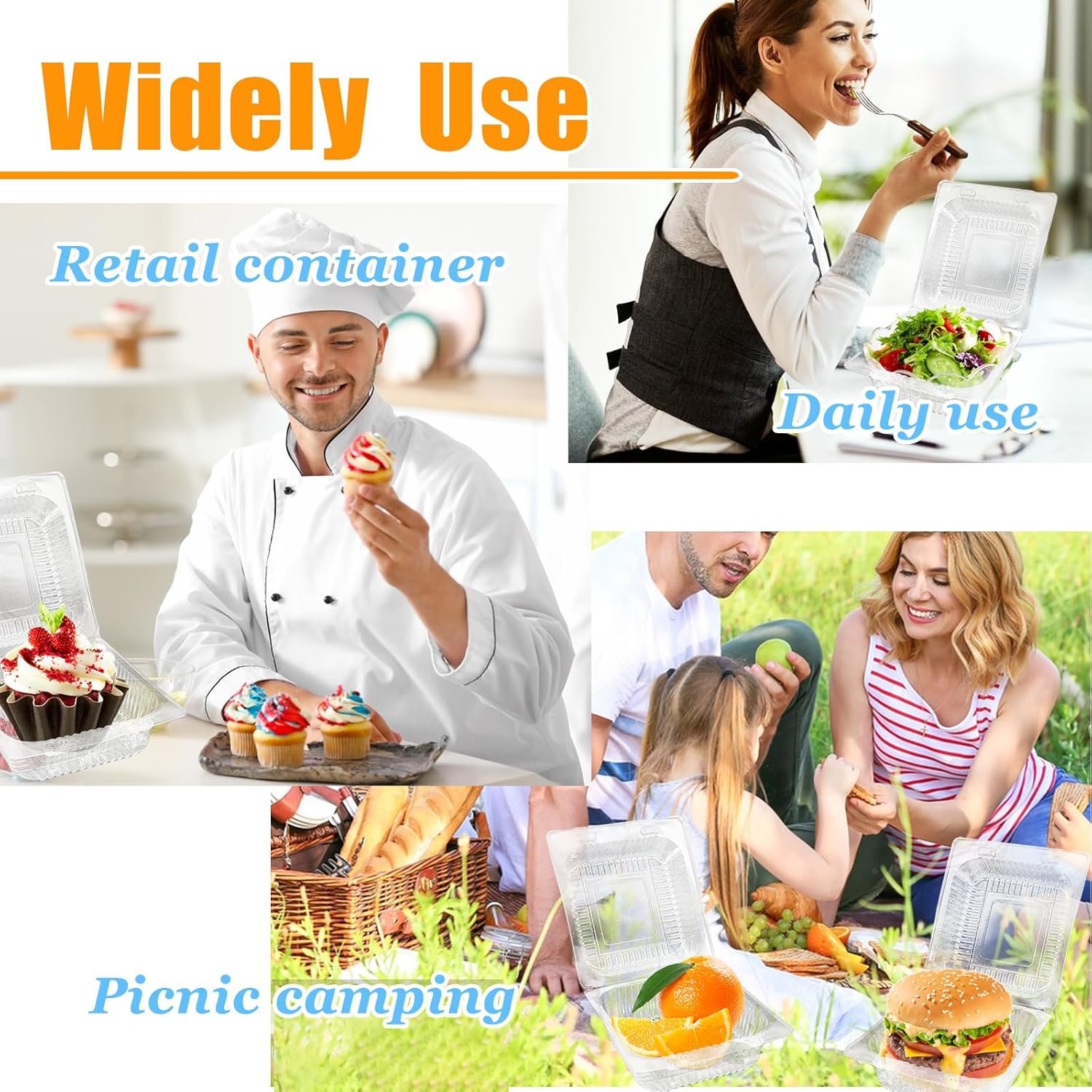 Grossiste de contenant alimentaire en plastique transparent de 50 pièces, boîtes à gâteau carrées avec couvercles articulés, OEM, solutions jetables à emporter pour pâtisserie, salade, dessert, sandwiches, fruits.