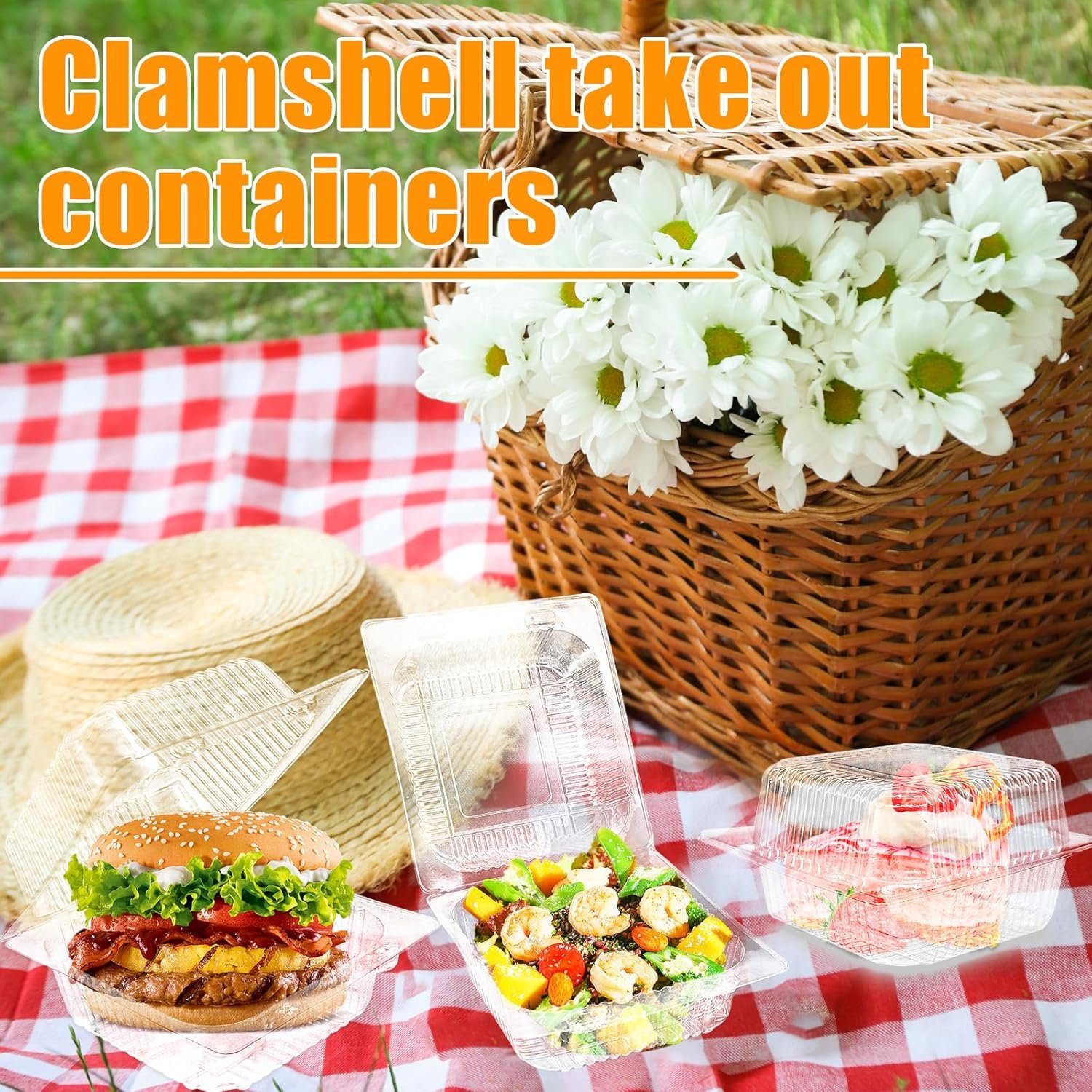 Grossiste de contenant alimentaire en plastique transparent de 50 pièces, boîtes à gâteau carrées avec couvercles articulés, OEM, solutions jetables à emporter pour pâtisserie, salade, dessert, sandwiches, fruits.