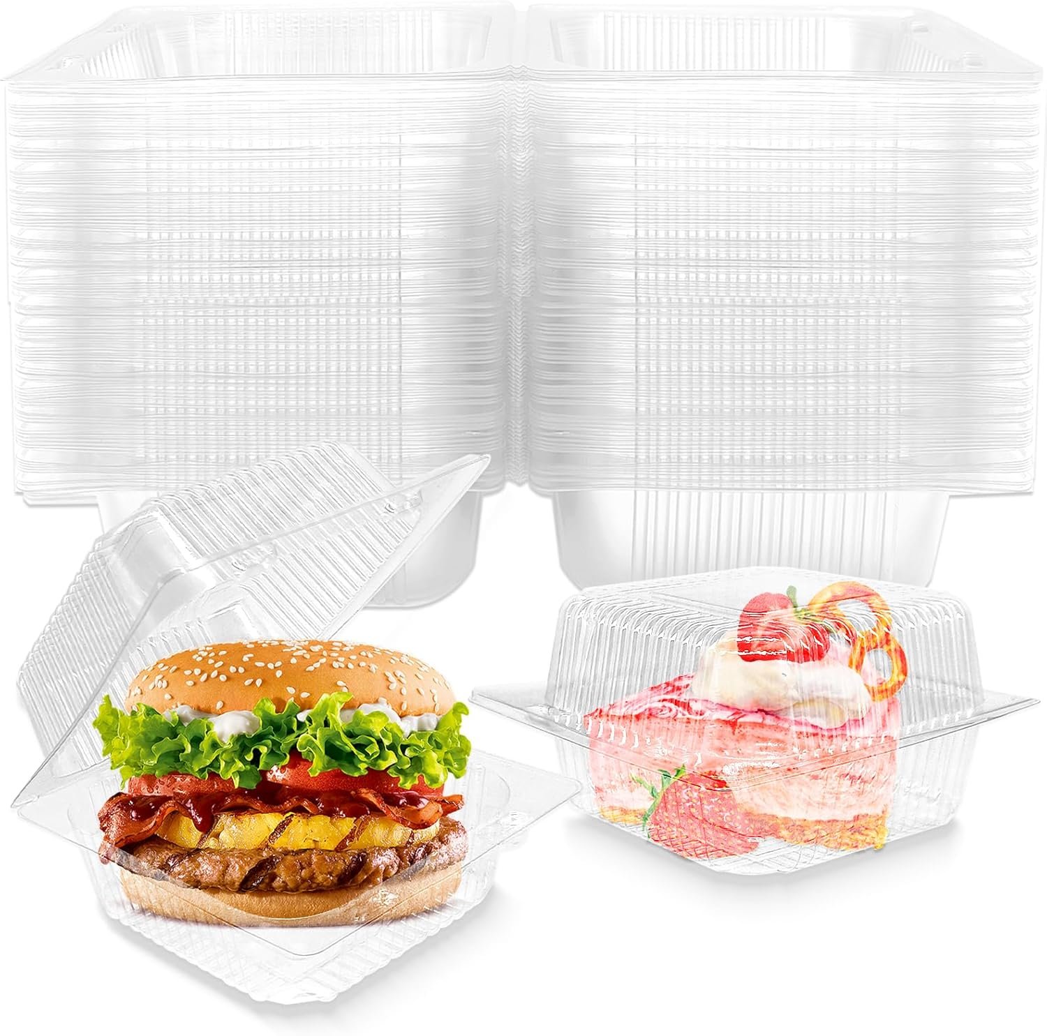 Grossiste de contenant alimentaire en plastique transparent de 50 pièces, boîtes à gâteau carrées avec couvercles articulés, OEM, solutions jetables à emporter pour pâtisserie, salade, dessert, sandwiches, fruits.