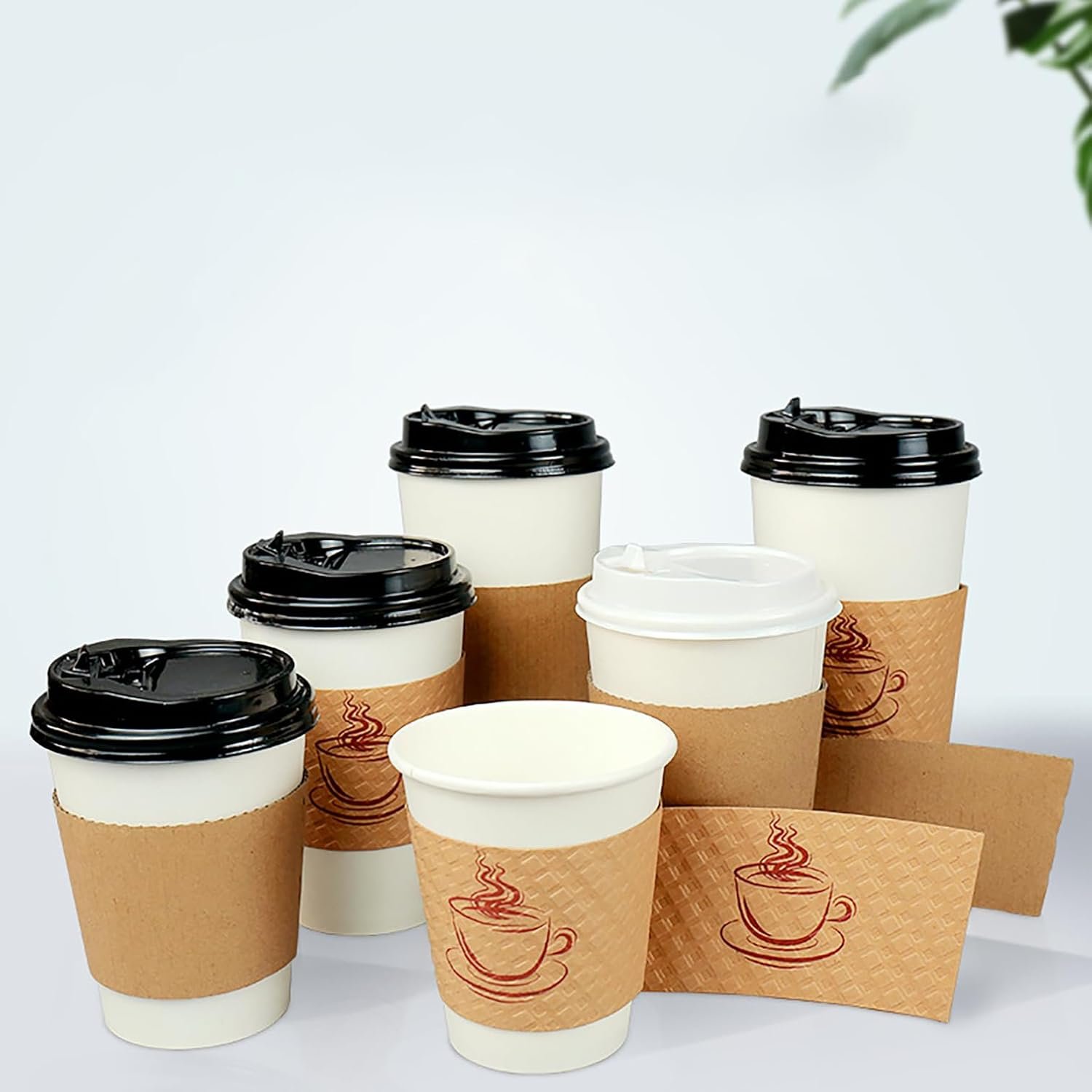 Grossiste en gobelets en papier kraft personnalisés avec logo, 50 manchons pour gobelets à café jetables, fournitures de café par un fabricant, Vente en Gros de gobelets avec couvercles.