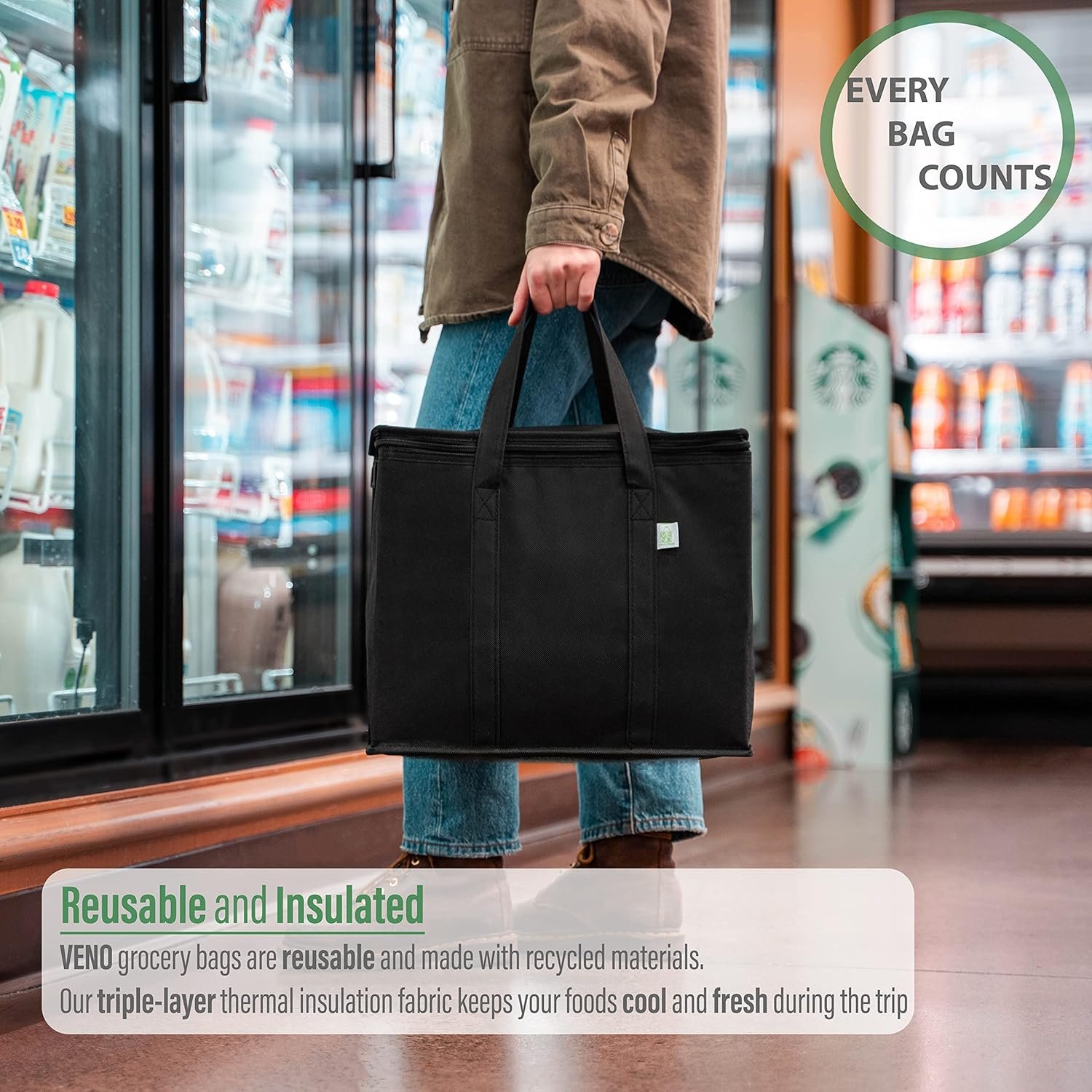 Grossiste Sacs Isolés 2 Pack - Réutilisables et Pliables pour Livraison de Nourriture, Fournisseur de Sacs avec Zipper, Solides, Tenus Debout - Idéal pour Épiceries, Logo Personnalisé, Noir, 2 Pack