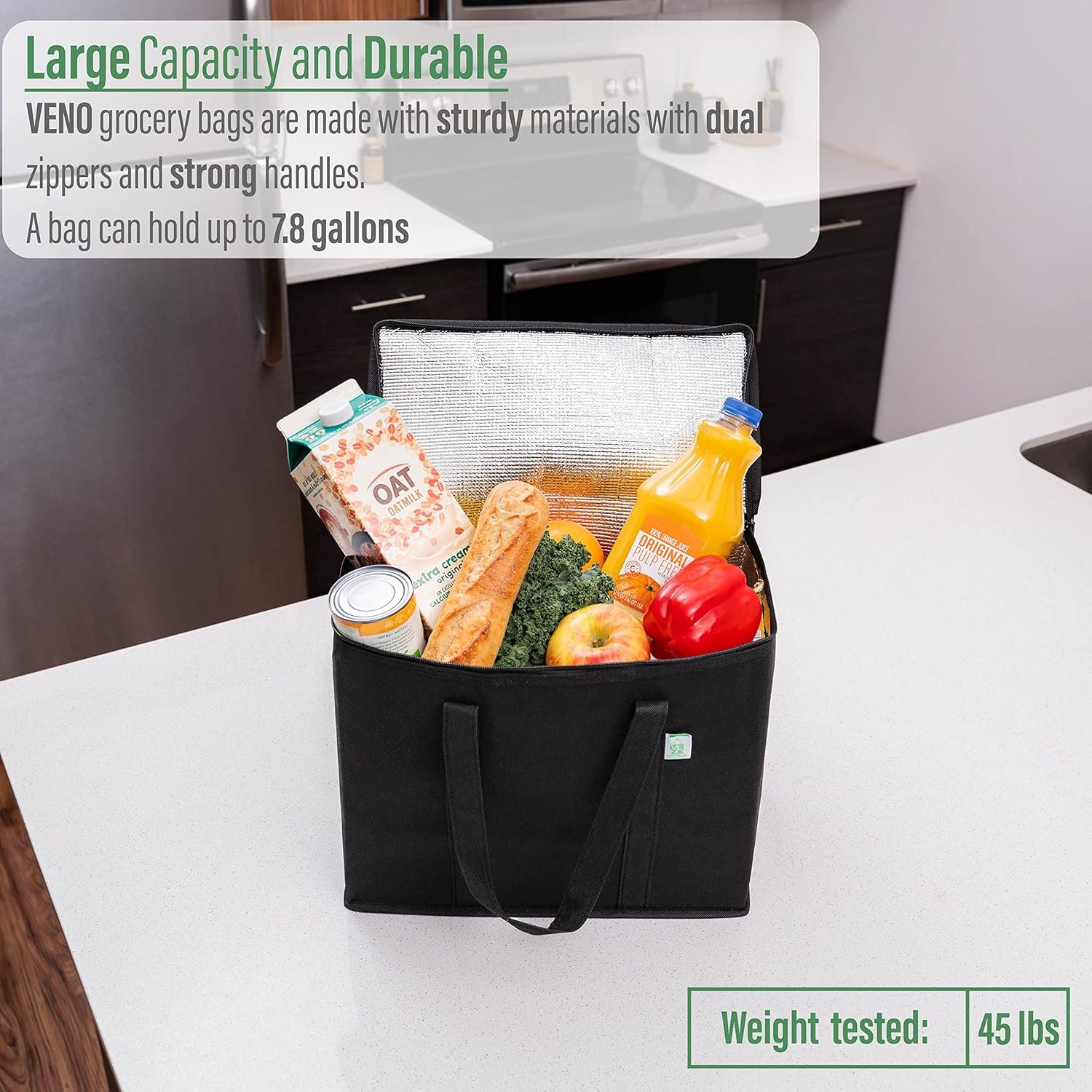 Grossiste Sacs Isolés 2 Pack - Réutilisables et Pliables pour Livraison de Nourriture, Fournisseur de Sacs avec Zipper, Solides, Tenus Debout - Idéal pour Épiceries, Logo Personnalisé, Noir, 2 Pack