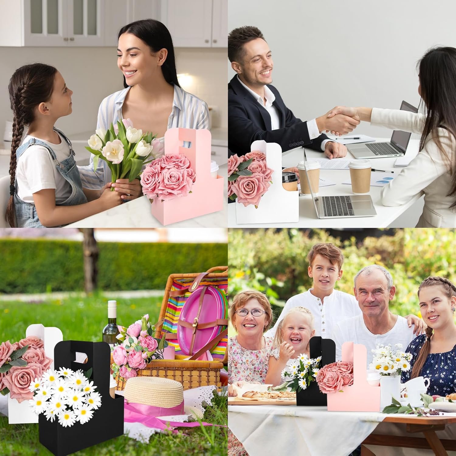 Grossiste en gros de porte-cadeaux pour la Fête des Mères avec poignée 24 pièces, fabricants de boîte cadeau rectangulaire en papier kraft pour boire 2 tasses, filtre fleurs de couleur rose, noir, blanc pour la Saint-Valentin, le mariage, l'anniversaire ou la baby shower, personnalisé avec logo.