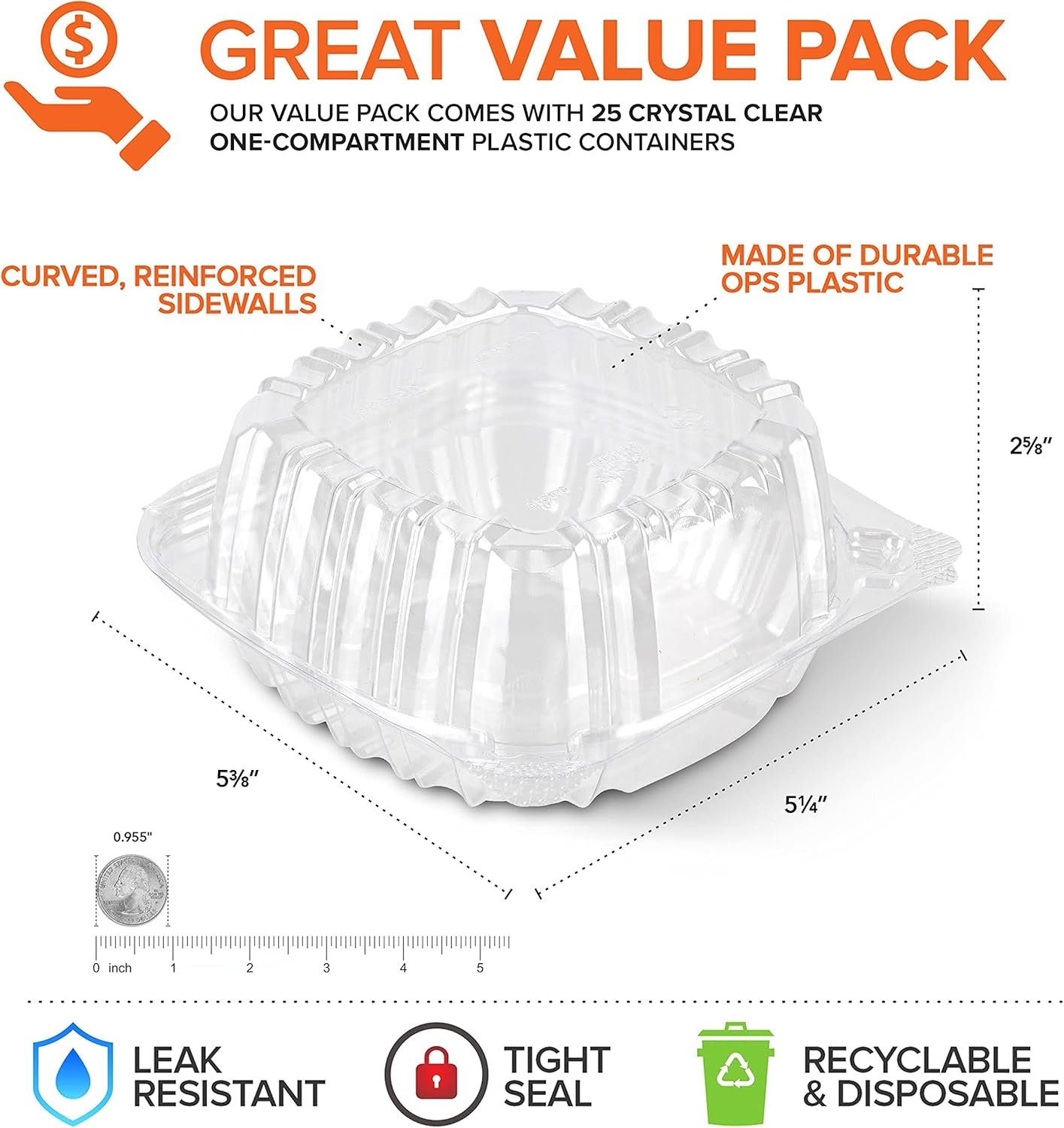 Containers alimentaires à emporter en plastique jetables 25 pièces, clochettes carrées avec couvercles transparents, vente en gros chez le fournisseur pour logo personnalisé, boîte à clamshell pour transporter gâteaux, desserts et petits sandwiches.