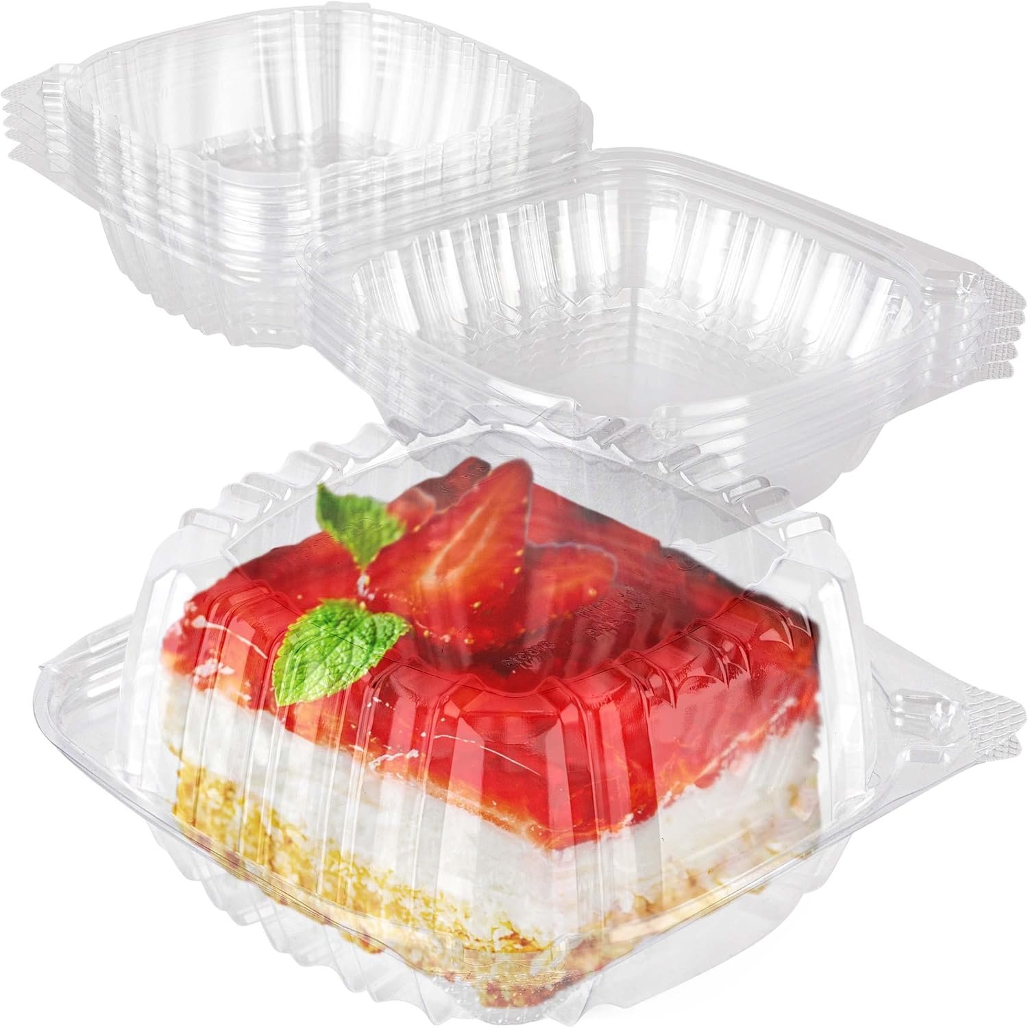 Containers alimentaires à emporter en plastique jetables 25 pièces, clochettes carrées avec couvercles transparents, vente en gros chez le fournisseur pour logo personnalisé, boîte à clamshell pour transporter gâteaux, desserts et petits sandwiches.