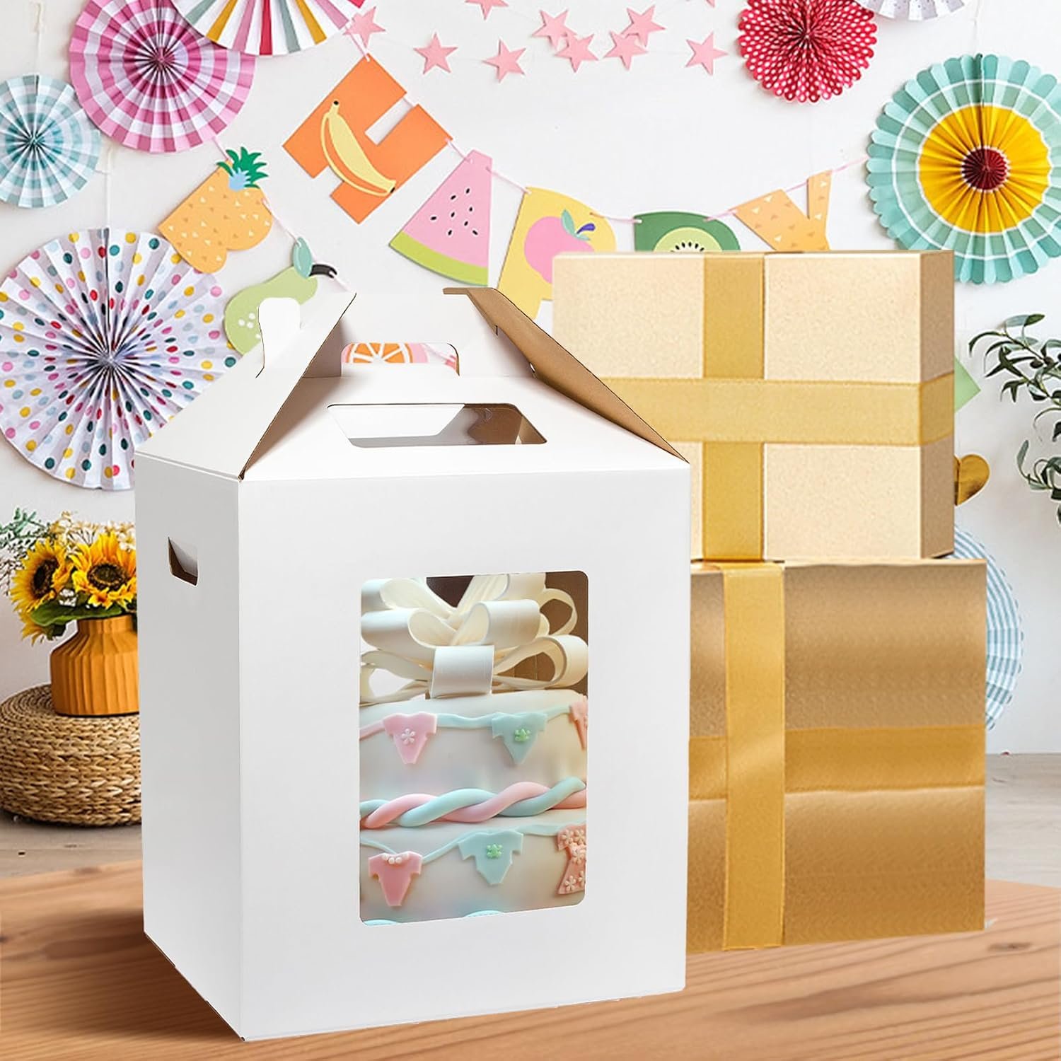 Grossiste Boîtes à Gâteau Hautes 10x10x12 Pouces avec Fenêtre, Transportez vos Délices en Vrac, Logo Personnalisé Inclus pour Mariages, Anniversaires et Fêtes. Fabricant de Conteneurs avec Poignée pour Gâteaux à Niveaux.