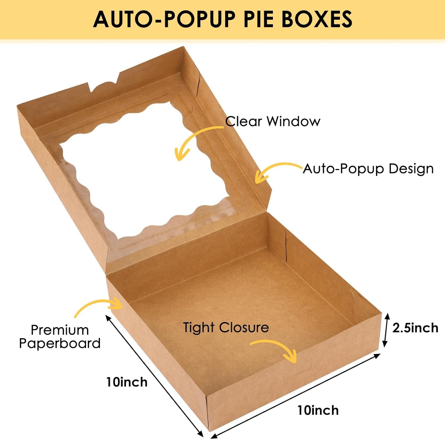 Boîtes à pâtisserie auto-pop-up 10x10x2,5 pouces, 38 pièces, Vente en gros, fabricant, avec fenêtre pour cookies, gâteaux, tartes, fraises enrobées de chocolat, macarons, donuts, muffins, Logo personnalisé.