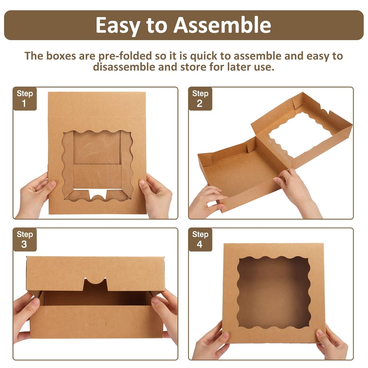 Boîtes à pâtisserie auto-pop-up 10x10x2,5 pouces, 38 pièces, Vente en gros, fabricant, avec fenêtre pour cookies, gâteaux, tartes, fraises enrobées de chocolat, macarons, donuts, muffins, Logo personnalisé.