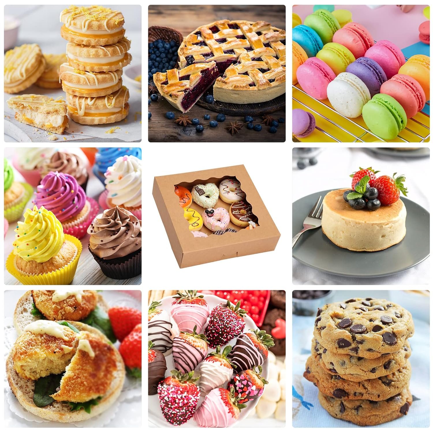 Boîtes à pâtisserie auto-pop-up 10x10x2,5 pouces, 38 pièces, Vente en gros, fabricant, avec fenêtre pour cookies, gâteaux, tartes, fraises enrobées de chocolat, macarons, donuts, muffins, Logo personnalisé.