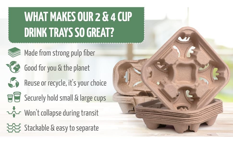 Grossiste de plateaux transporteurs à 4 tasses (pack de 50), solution biodégradable pour boissons chaudes ou froides, Fabriqué par un fournisseur éco-responsable, OEM idéal pour le service de livraison de nourriture.