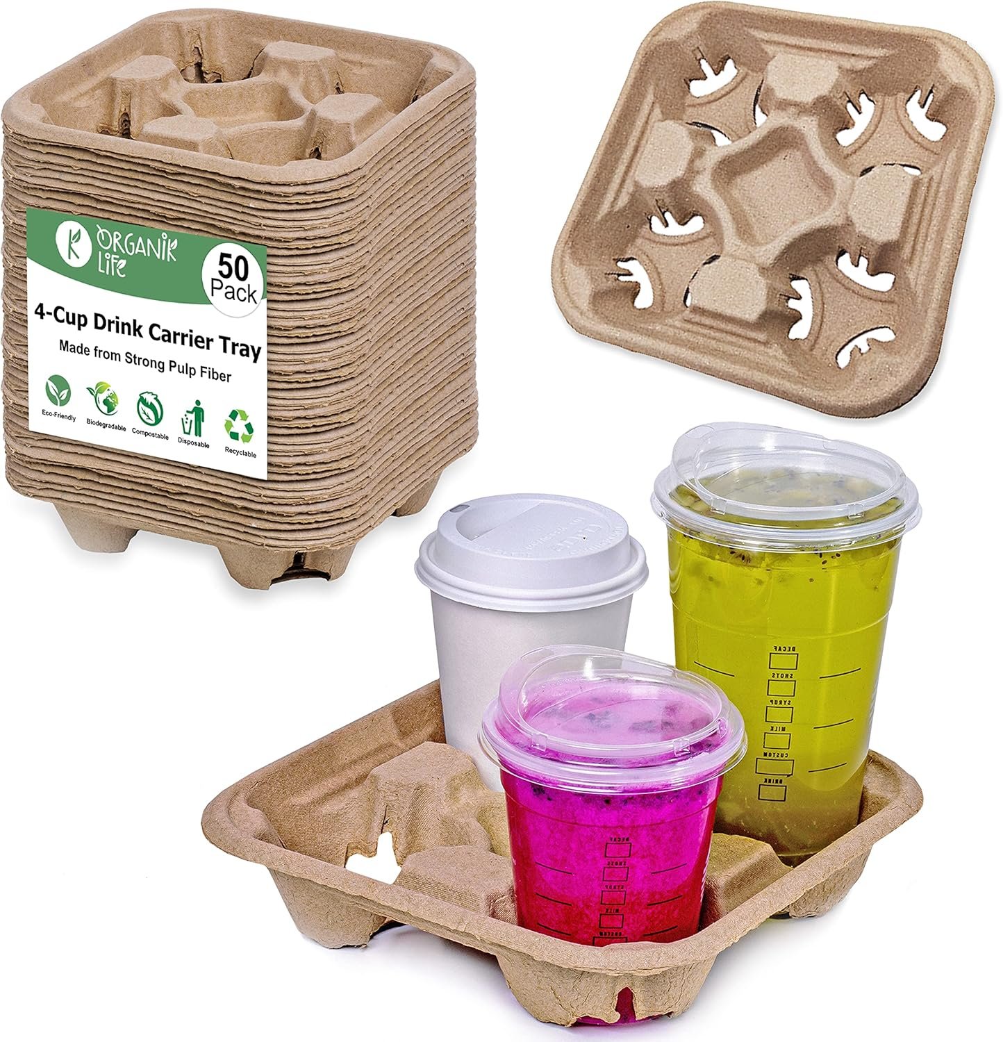 Grossiste de plateaux transporteurs à 4 tasses (pack de 50), solution biodégradable pour boissons chaudes ou froides, Fabriqué par un fournisseur éco-responsable, OEM idéal pour le service de livraison de nourriture.