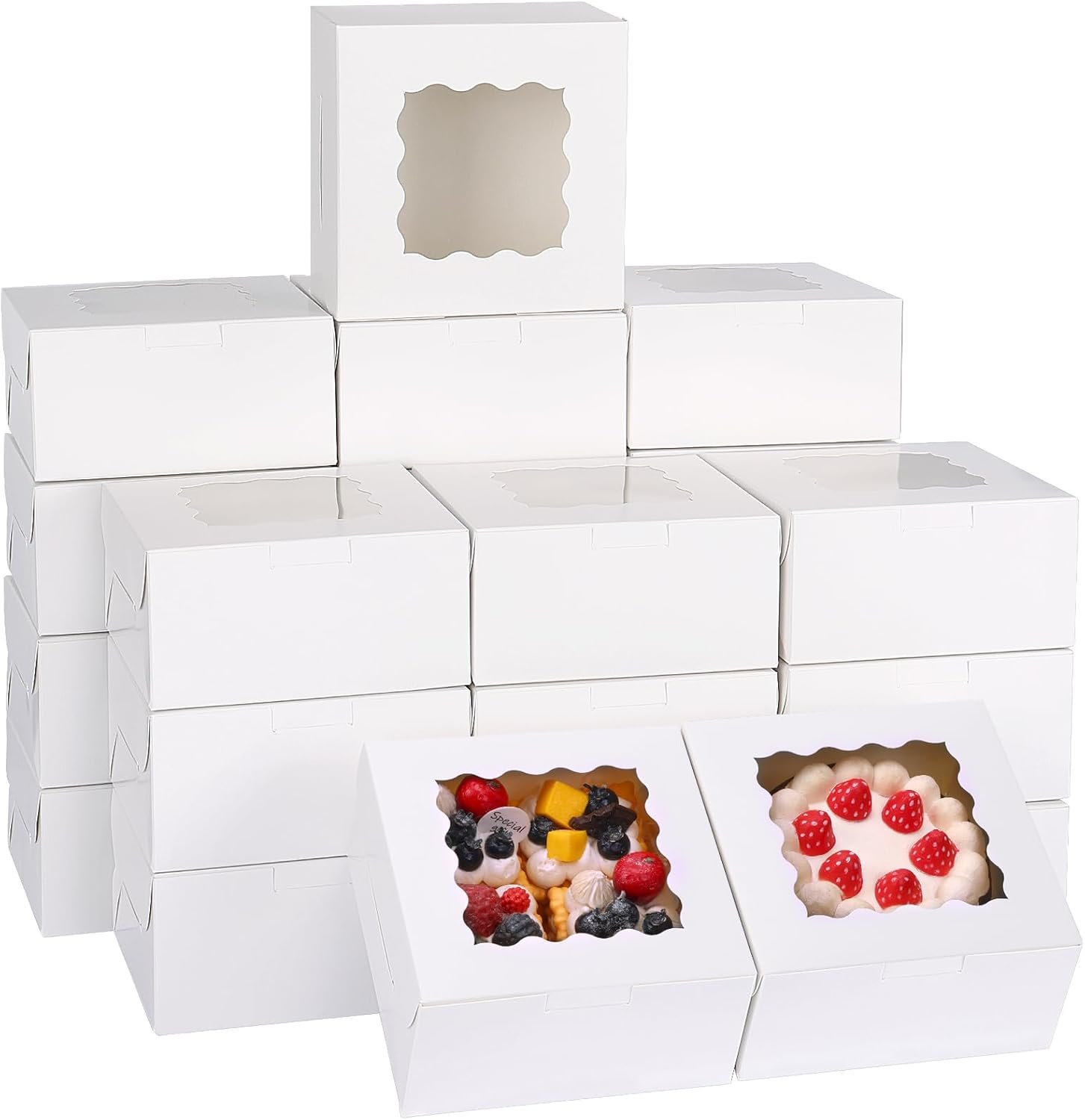Grossiste boîtes à pâtisserie 80 pcs 6x6x3 pouces, conteneurs pour petits délices, idéale pour macarons et cupcakes, avec fenêtre, fournisseur en vente en gros. Logo Personnalisé disponible.