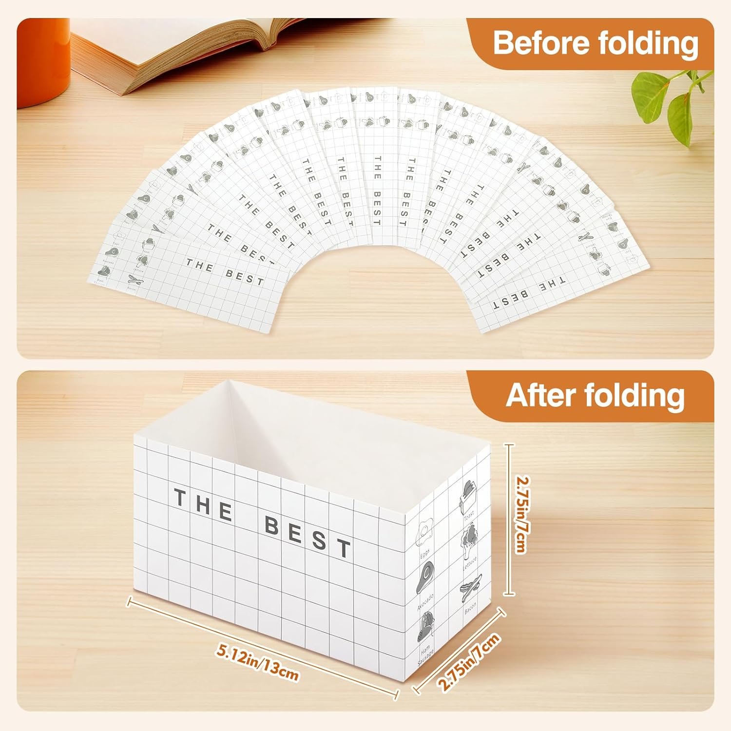 Boîtes à emporter en papier 100 unités, grossiste en emballages alimentaires, contenant des sandwichs, donuts, et burgers, logo personnalisé, fabriquées par un fournisseur.