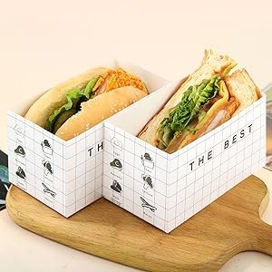 Boîtes à emporter en papier 100 unités, grossiste en emballages alimentaires, contenant des sandwichs, donuts, et burgers, logo personnalisé, fabriquées par un fournisseur.