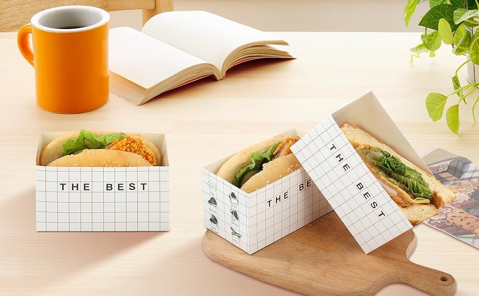 Boîtes à emporter en papier 100 unités, grossiste en emballages alimentaires, contenant des sandwichs, donuts, et burgers, logo personnalisé, fabriquées par un fournisseur.