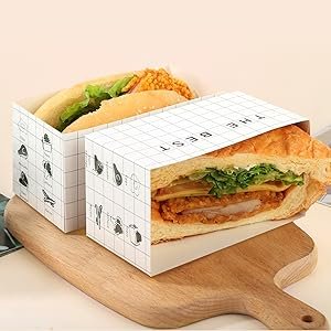 Boîtes à emporter en papier 100 unités, grossiste en emballages alimentaires, contenant des sandwichs, donuts, et burgers, logo personnalisé, fabriquées par un fournisseur.