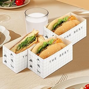 Boîtes à emporter en papier 100 unités, grossiste en emballages alimentaires, contenant des sandwichs, donuts, et burgers, logo personnalisé, fabriquées par un fournisseur.