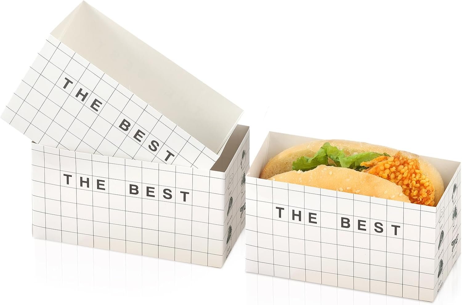 Boîtes à emporter en papier 100 unités, grossiste en emballages alimentaires, contenant des sandwichs, donuts, et burgers, logo personnalisé, fabriquées par un fournisseur.