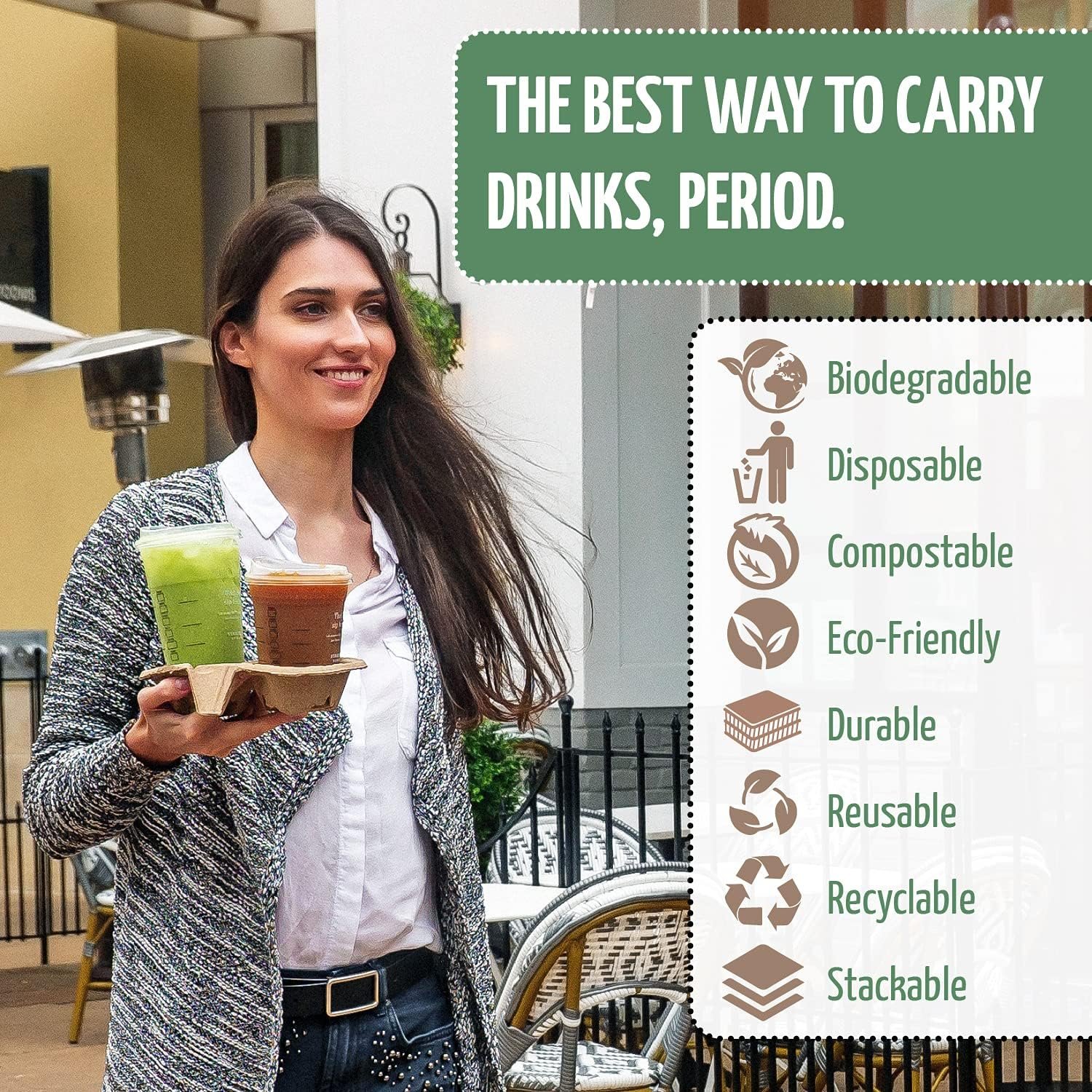 Grossiste Tray de transport pour 2 tasses (Pack de 50), Écologique, Support de boisson biodégradable, OEM, Idéal pour livraison de boissons chaudes ou froides, Support de boisson pratique pour voitures, Vente en gros sans déversement ni dégâts.