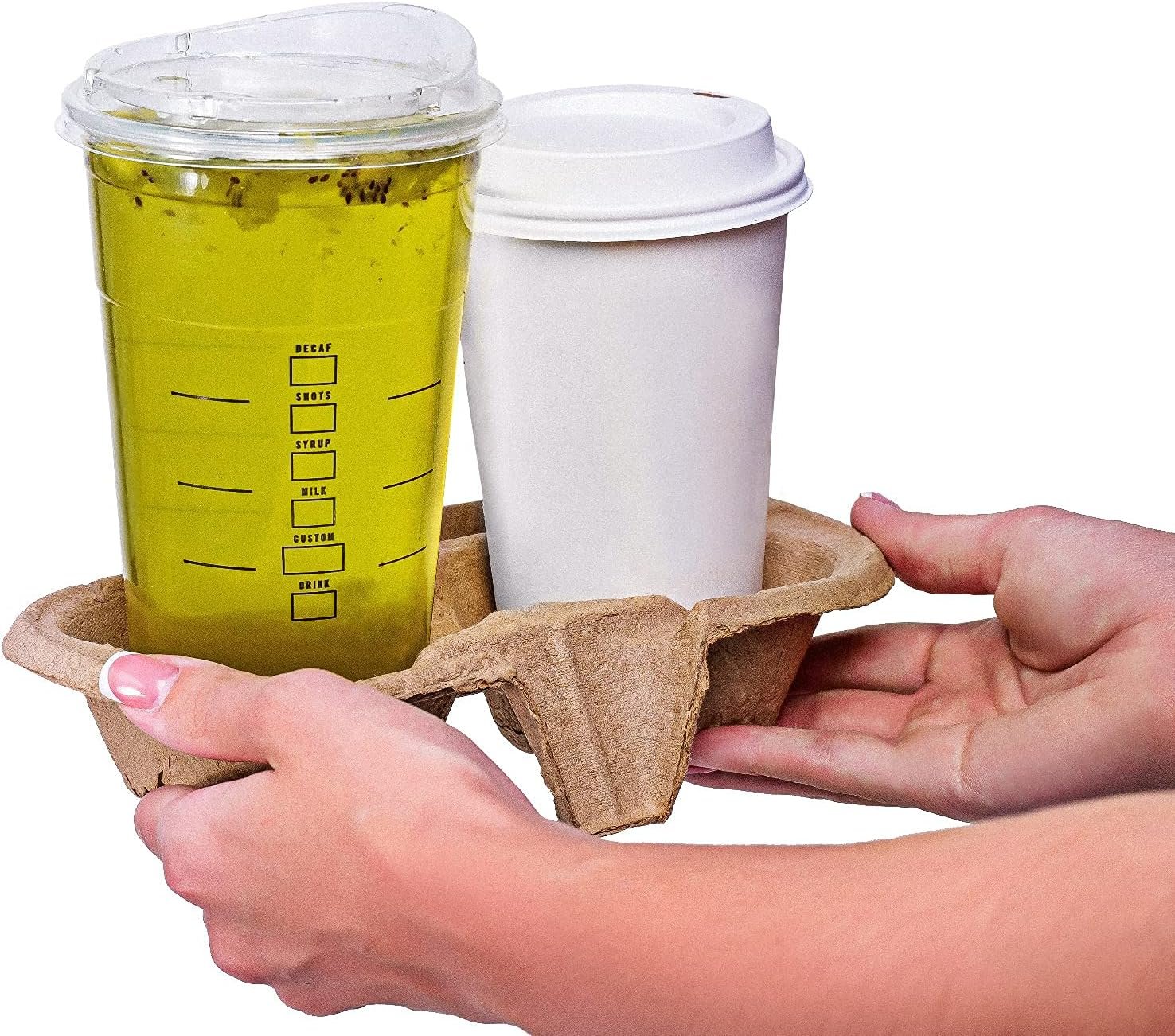 Grossiste Tray de transport pour 2 tasses (Pack de 50), Écologique, Support de boisson biodégradable, OEM, Idéal pour livraison de boissons chaudes ou froides, Support de boisson pratique pour voitures, Vente en gros sans déversement ni dégâts.