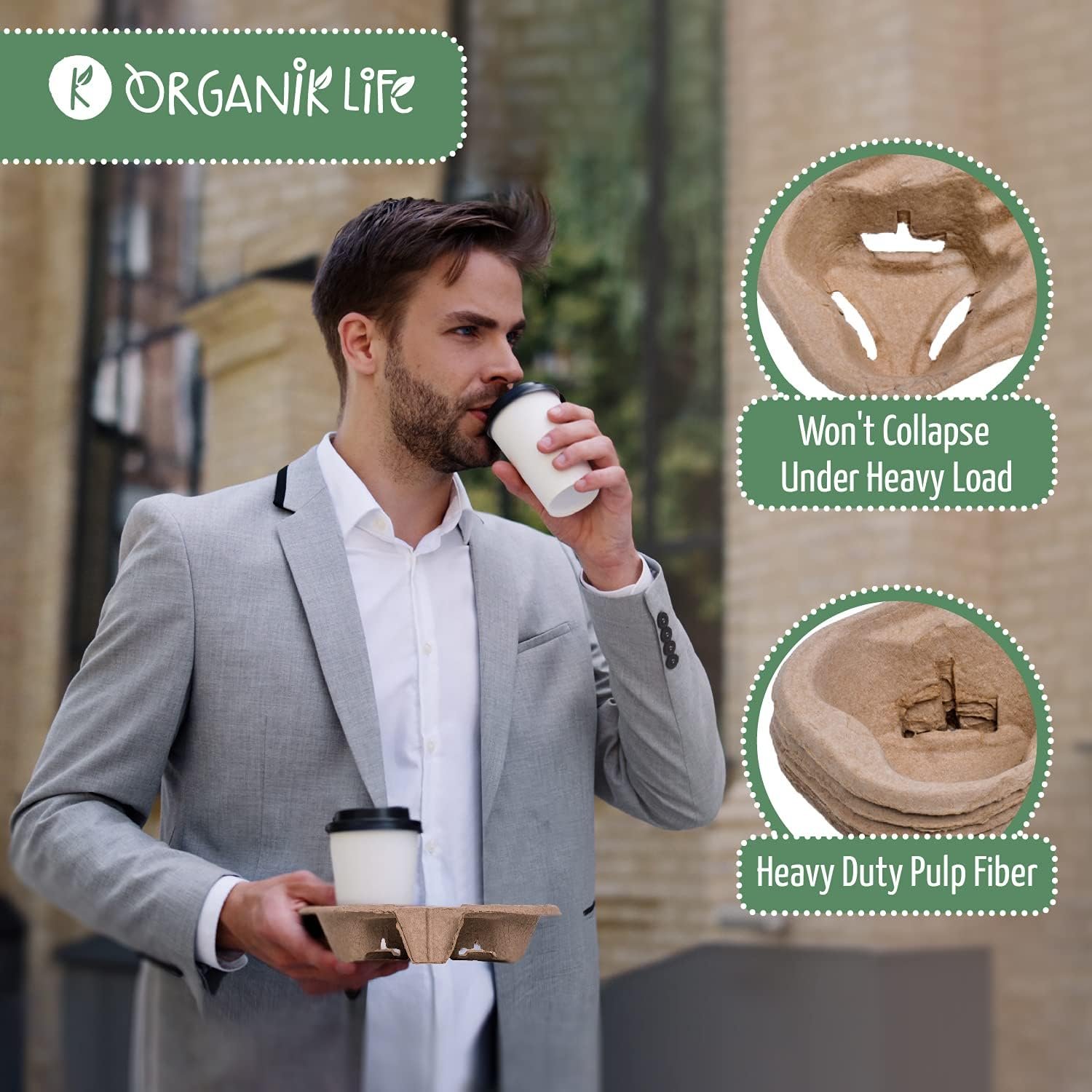 Grossiste Tray de transport pour 2 tasses (Pack de 50), Écologique, Support de boisson biodégradable, OEM, Idéal pour livraison de boissons chaudes ou froides, Support de boisson pratique pour voitures, Vente en gros sans déversement ni dégâts.