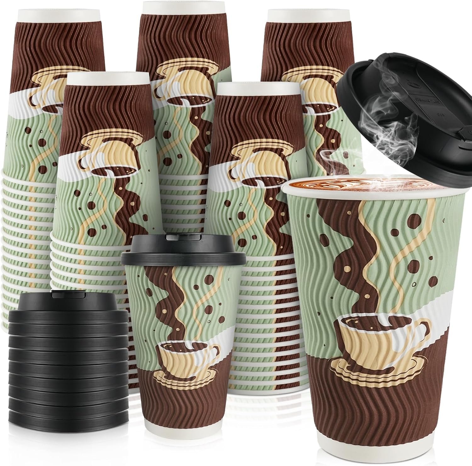 48 pack de tasses à café jetables de 16 oz avec couvercles, OEM, gobelets en papier isolés à parois ondulées pour boissons chaudes ou froides, grossiste pour maison, bureau, bar à café.