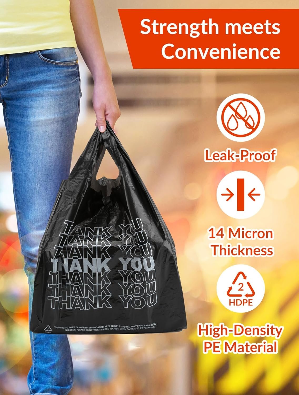 Grossiste sacs plastiques T-shirt noirs de 1000 unités, 10,5