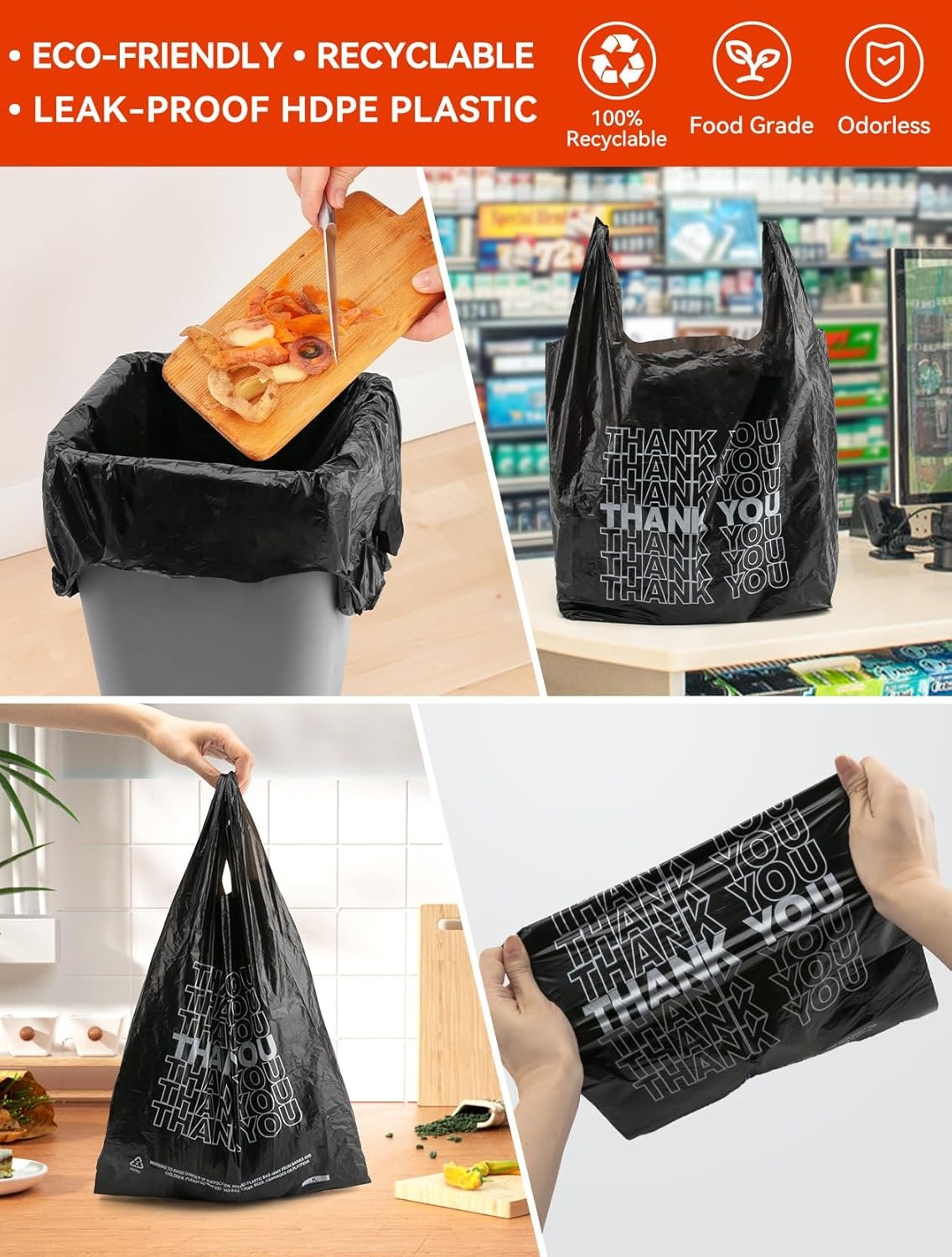 Grossiste sacs plastiques T-shirt noirs de 1000 unités, 10,5