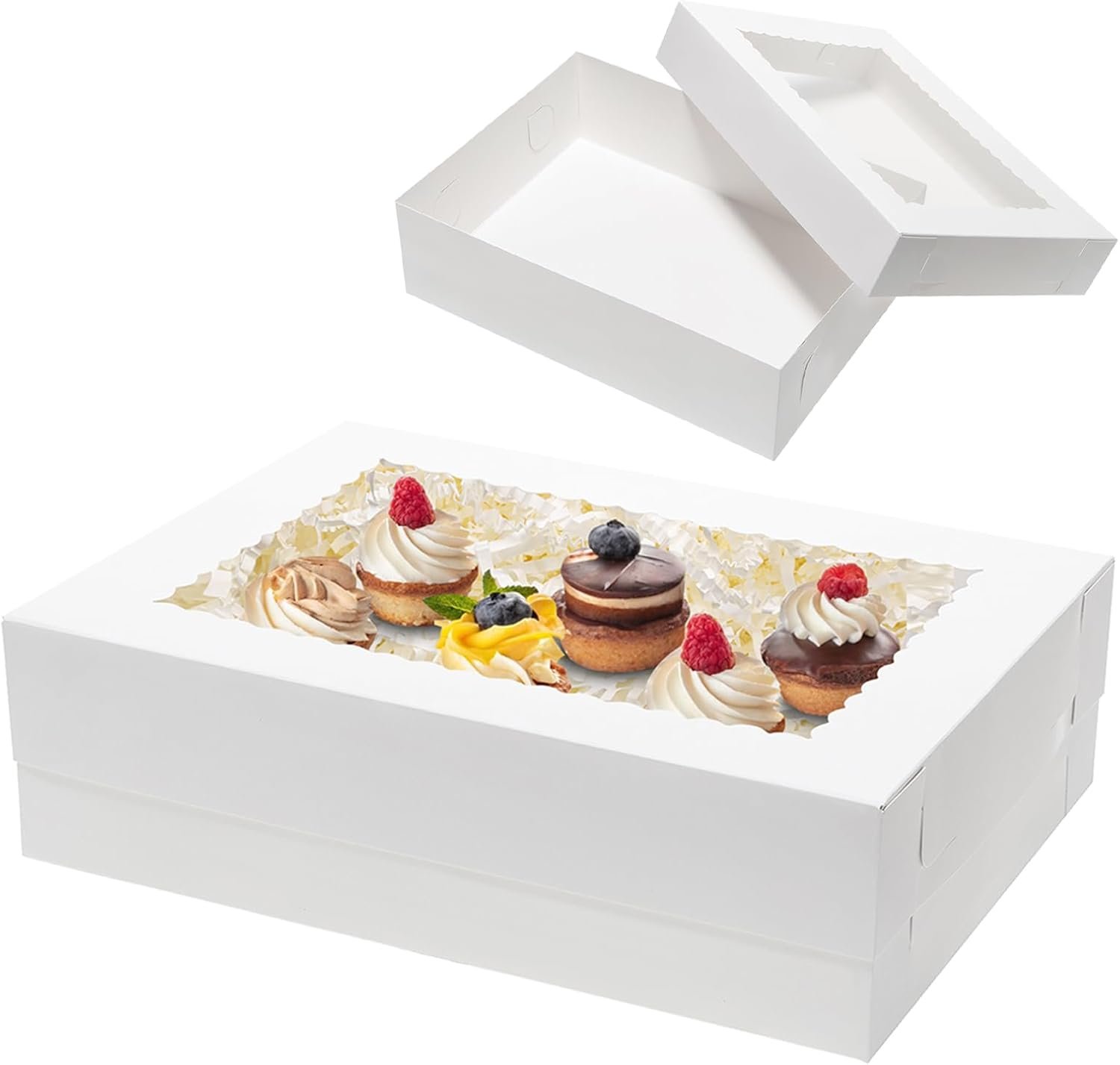 Grossiste Boîtes à Gâteau Rectangulaires avec Fenêtre 14x10x4, Vente en Gros pour Pâtisserie, Fournisseur de Packaging pour Gâteaux, Cupcakes, Beignets, Cookies, Tartes avec Logo Personnalisé