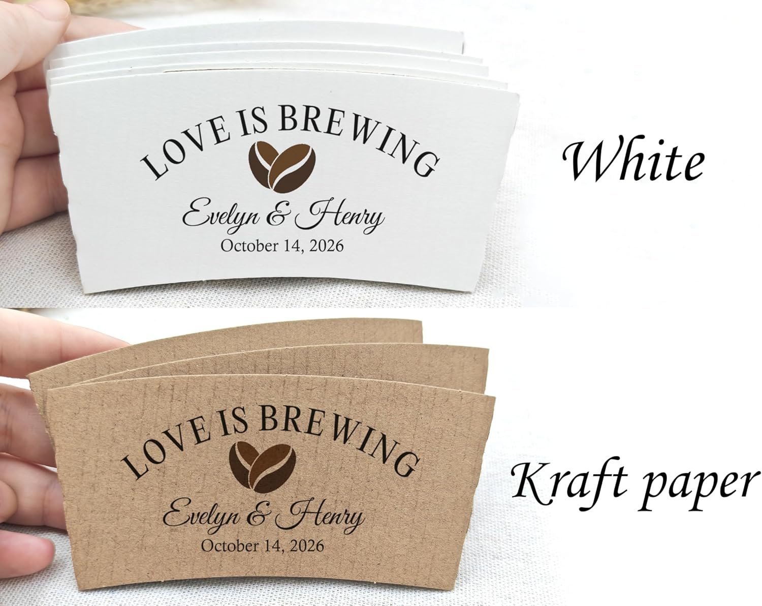 Grossiste de manchons à café personnalisés en kraft, OEM pour enveloppes à boissons pour amateurs de café, événements comme mariage ou baby shower et slogan « L'amour se prépare » pour vente en gros.