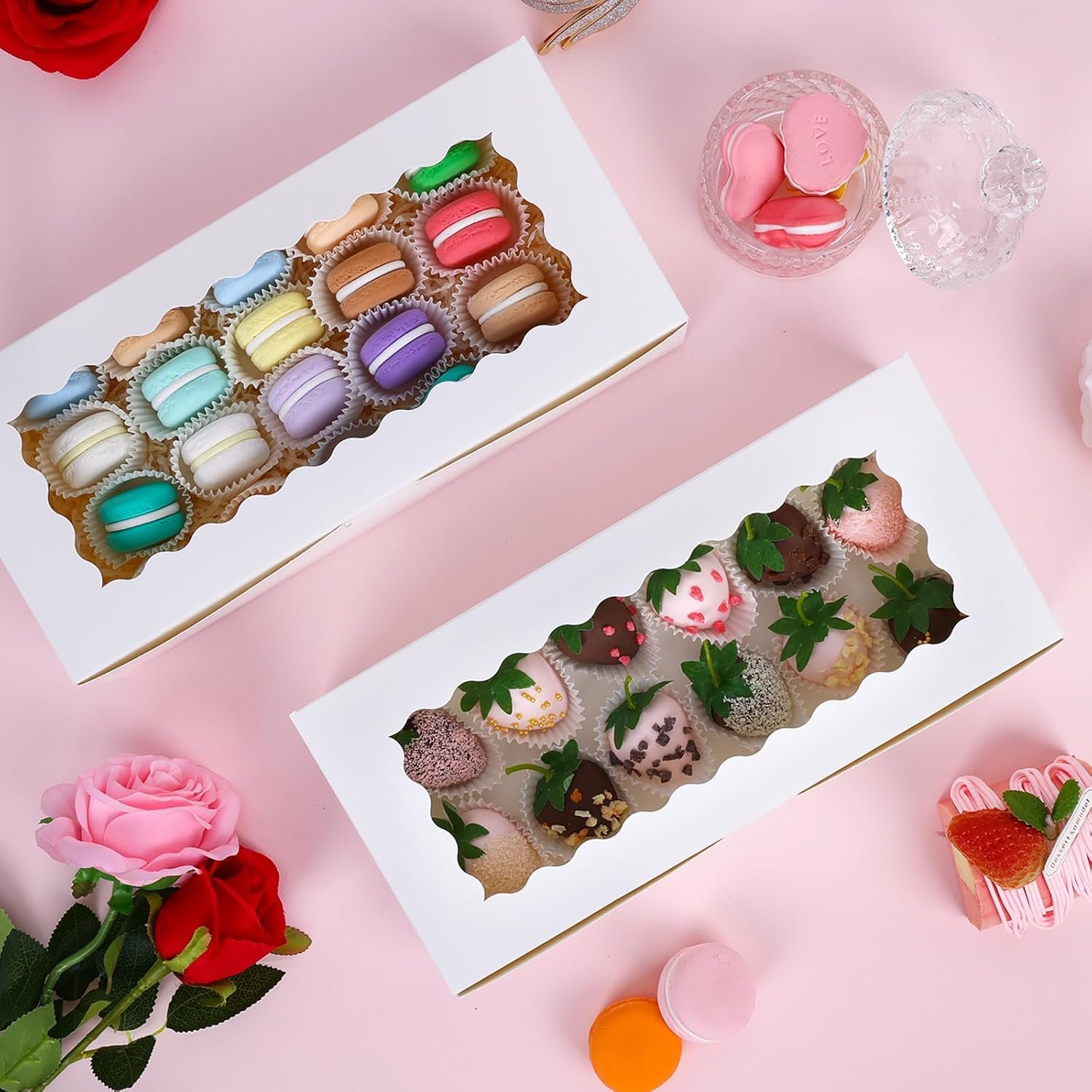 Grossiste de boîtes à biscuits blanches 30 pcs 12x5.5x2.5 pouces avec fenêtre pour douceurs, logo personnalisé, vente en gros de pâtisseries, chocolats, donuts et cake pops.