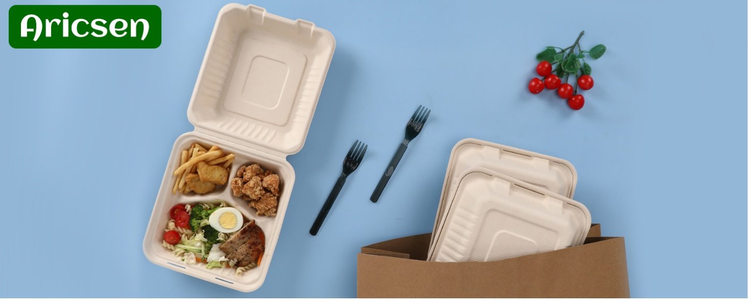 Grossiste 50 Pack de Boîtes à Lunch Compostables À Emporter 8x9 Pouces avec Couvercle, Solutions Écologiques Biodegradables en Bagasse, Fabricant OEM PFAS-free Marron