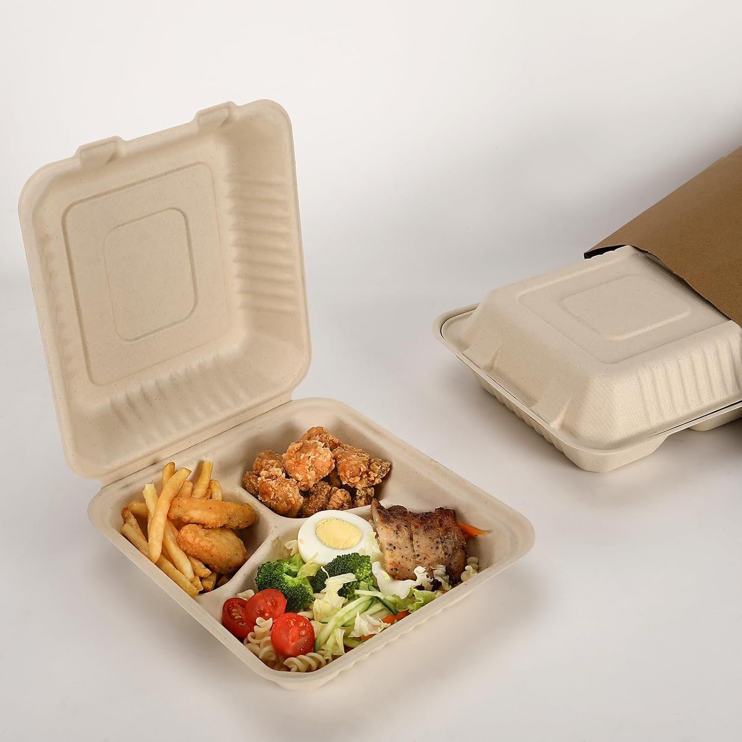 Grossiste 50 Pack de Boîtes à Lunch Compostables À Emporter 8x9 Pouces avec Couvercle, Solutions Écologiques Biodegradables en Bagasse, Fabricant OEM PFAS-free Marron
