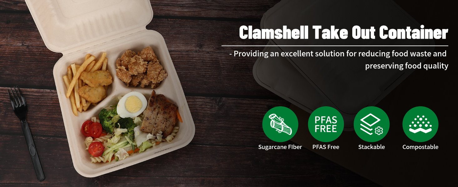 Grossiste 50 Pack de Boîtes à Lunch Compostables À Emporter 8x9 Pouces avec Couvercle, Solutions Écologiques Biodegradables en Bagasse, Fabricant OEM PFAS-free Marron