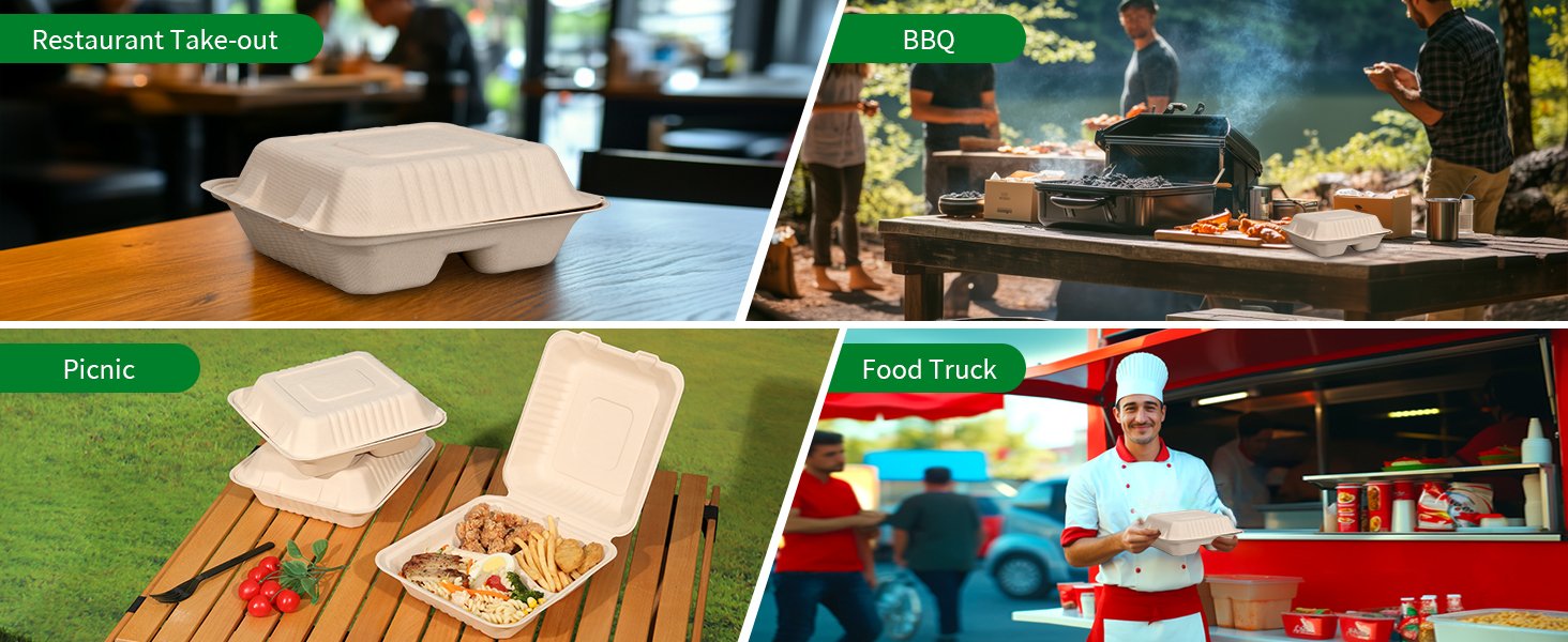 Grossiste 50 Pack de Boîtes à Lunch Compostables À Emporter 8x9 Pouces avec Couvercle, Solutions Écologiques Biodegradables en Bagasse, Fabricant OEM PFAS-free Marron