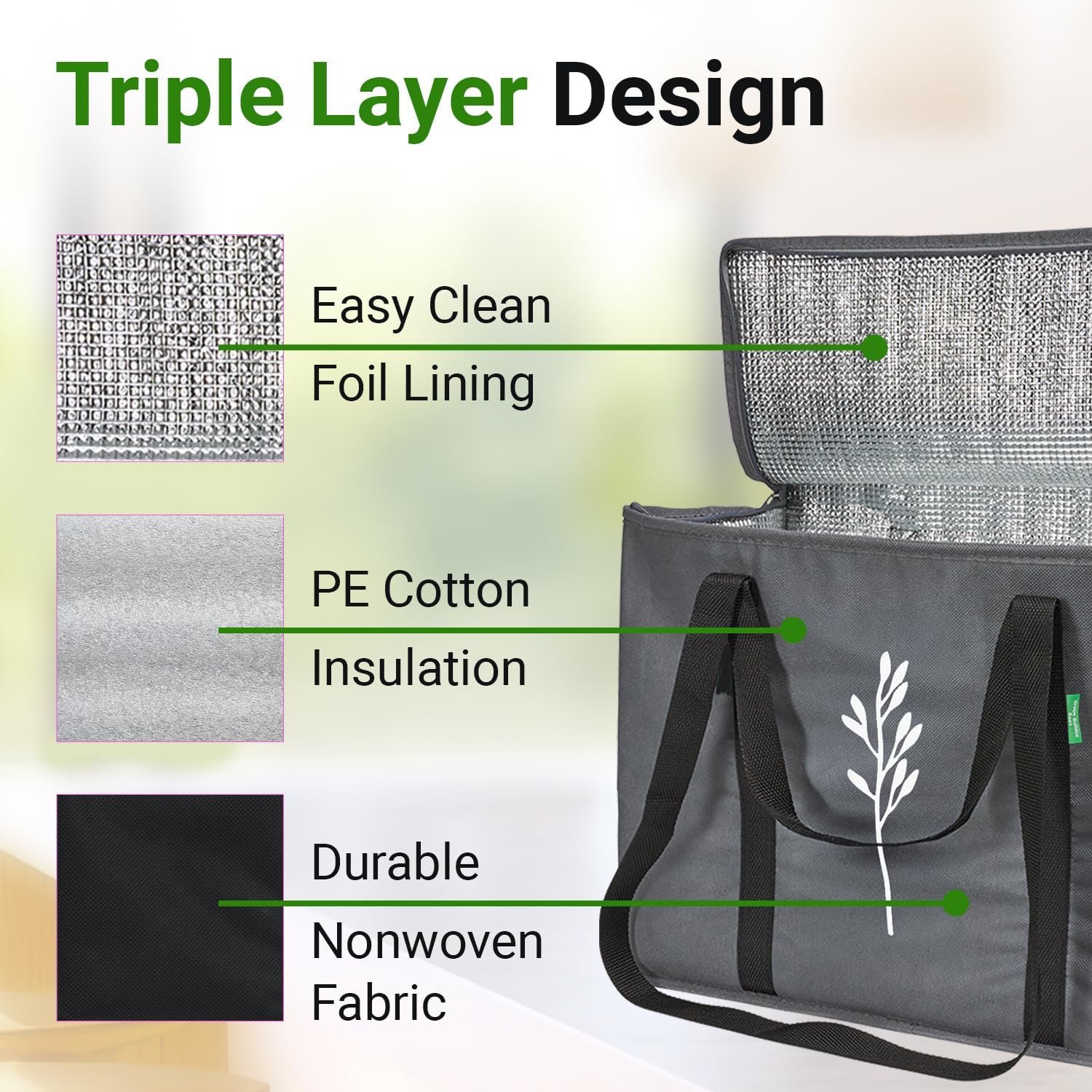 Grossiste de sacs isothermes réutilisables pliables avec poignées pour courses, livraison de nourriture et shopping – 16”x9”x13” – Logo Personnalisé, Fabricant en gros.