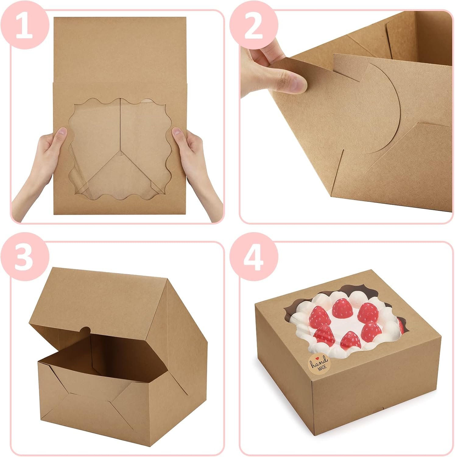 Grossiste Boîtes à Gâteaux Auto-popup 10x10x5 avec Fenêtre, 24pcs, Vente en Gros Boîtes à Pâtisseries, Assemblage Facile pour Tartes, Cookies, Chocolats - Personnalisation du Logo disponible