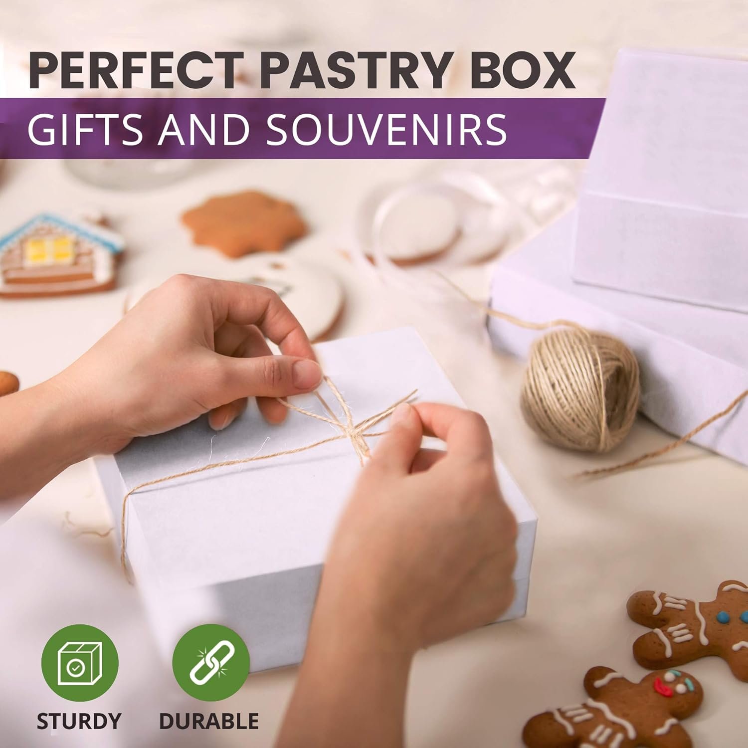 Grossiste Boîtes à pâtisserie blanches 9x9x3 pour cookies, emballage en carton kraft compostable pour gâteaux, nourriture, donuts, cupcakes, bonbons, pain, cadeau demoiselle d'honneur, Logo Personnalisé, Fabricant de sacs en vrac.