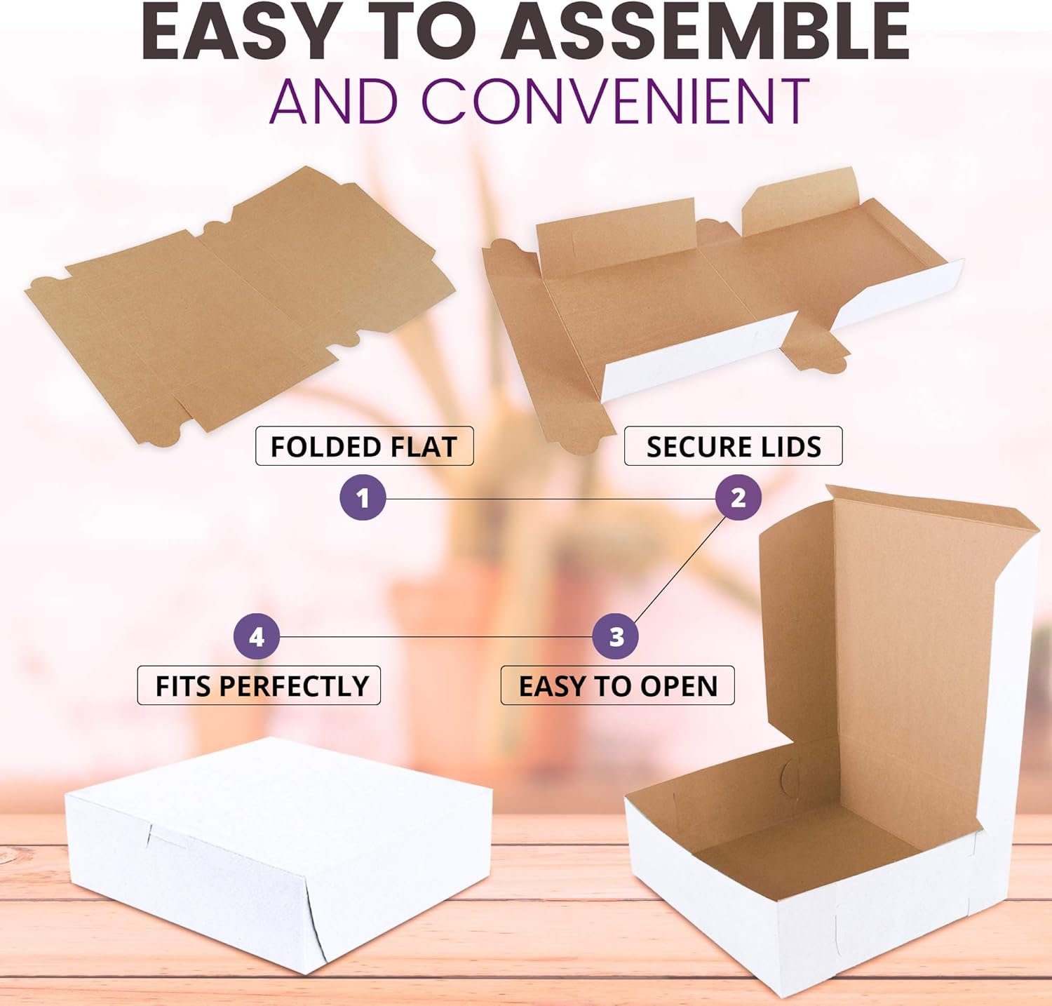 Grossiste Boîtes à pâtisserie blanches 9x9x3 pour cookies, emballage en carton kraft compostable pour gâteaux, nourriture, donuts, cupcakes, bonbons, pain, cadeau demoiselle d'honneur, Logo Personnalisé, Fabricant de sacs en vrac.