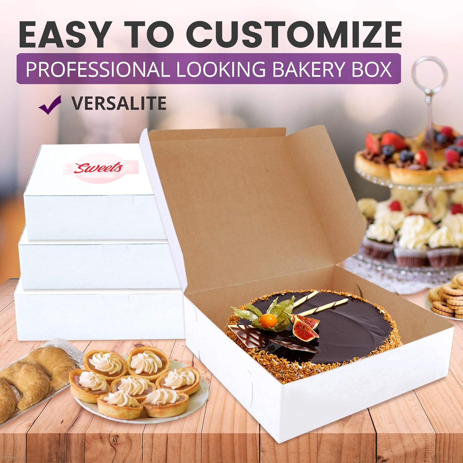 Grossiste Boîtes à pâtisserie blanches 9x9x3 pour cookies, emballage en carton kraft compostable pour gâteaux, nourriture, donuts, cupcakes, bonbons, pain, cadeau demoiselle d'honneur, Logo Personnalisé, Fabricant de sacs en vrac.